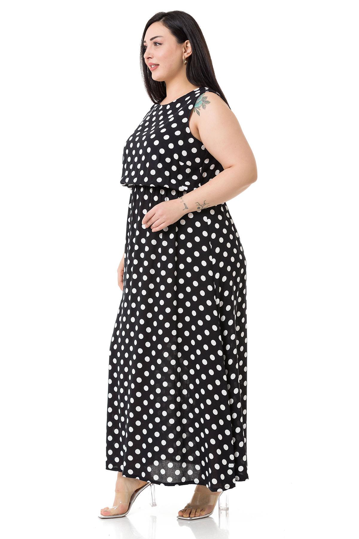 Plus Size Thick Strap Long Viscose Black Dress with Elastic Waist and Small Polka Dots