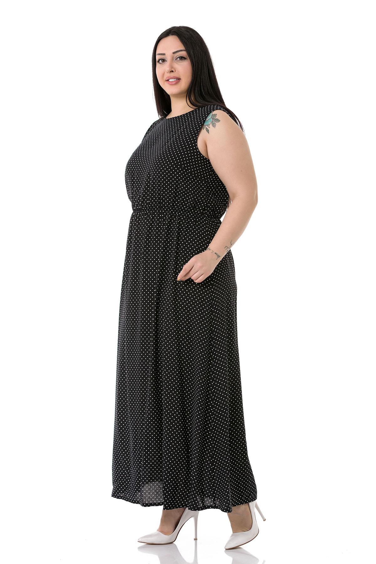 Plus Size Thick Strap Long Viscose Black Dress with Elastic Waist and Small Polka Dots
