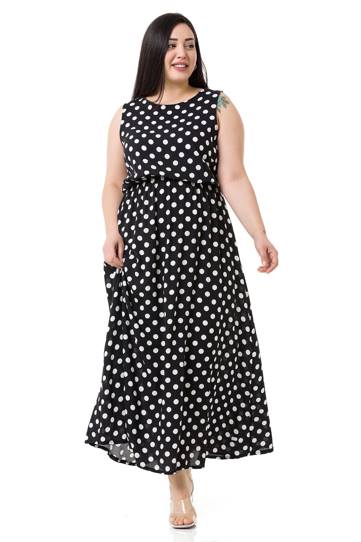 Plus Size Thick Strap Long Viscose Black Dress with Elastic Waist and Small Polka Dots