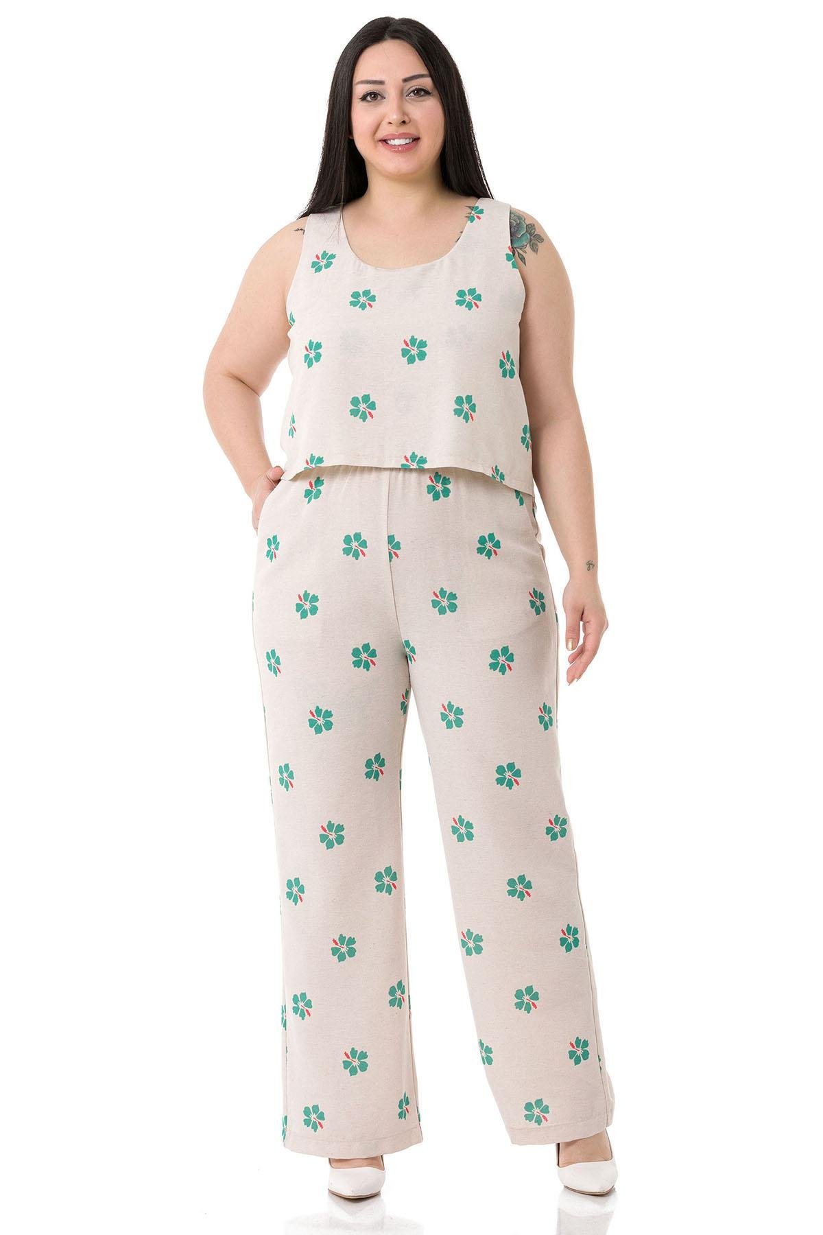 Plus Size Thick Strap Green Floral Jumpsuit