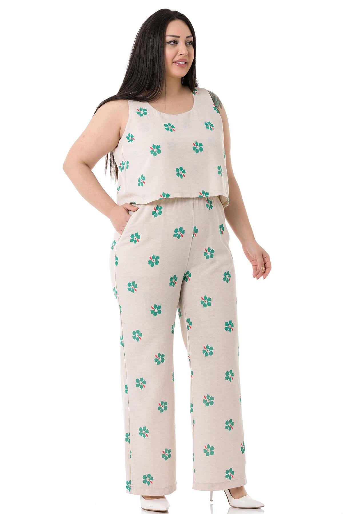 Plus Size Thick Strap Green Floral Jumpsuit