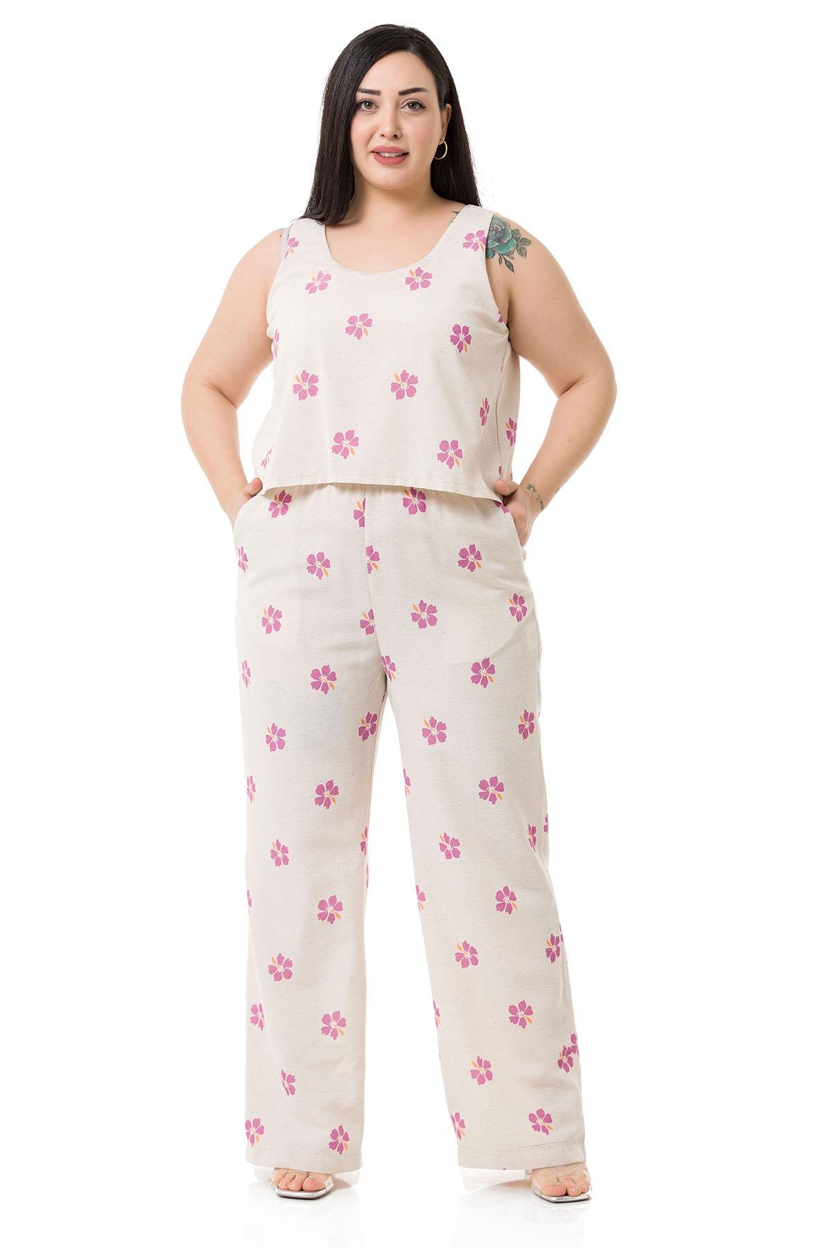 Plus Size Thick Strap Pink Floral Jumpsuit