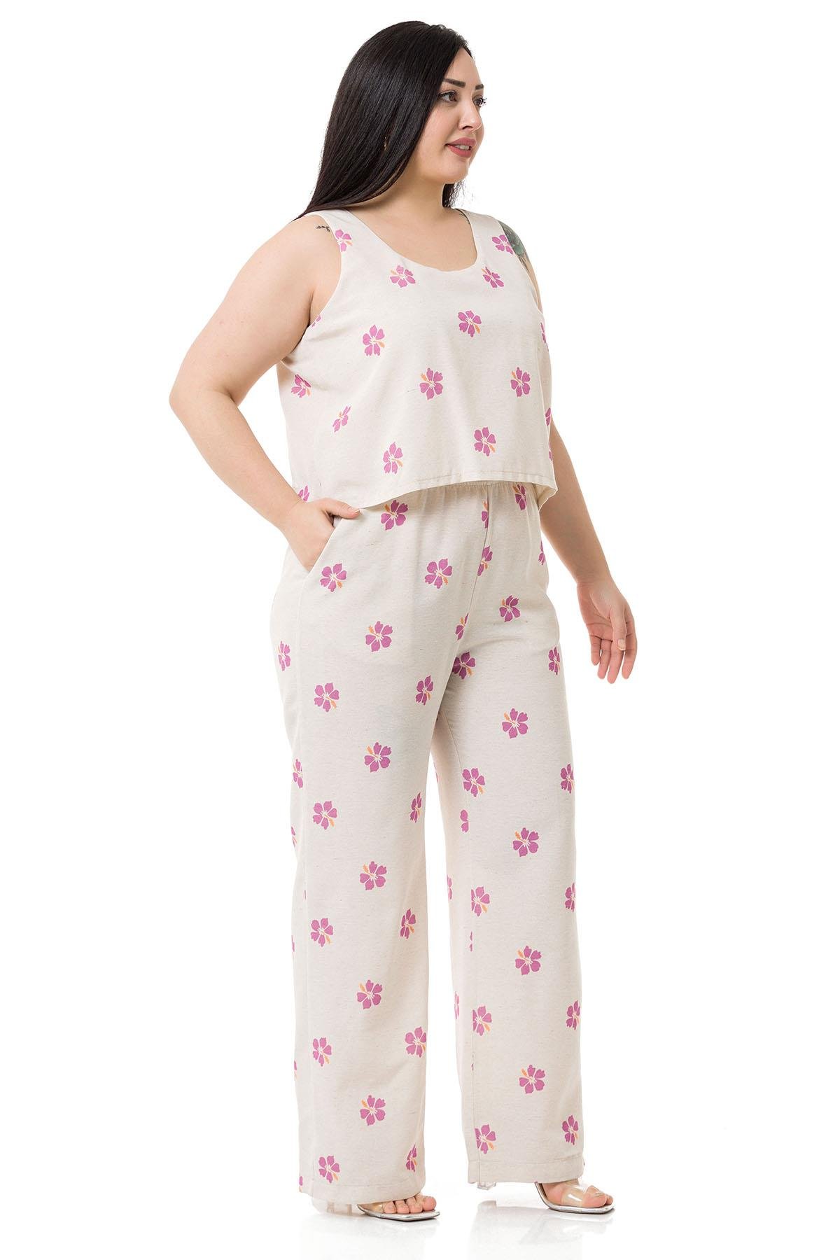 Plus Size Thick Strap Pink Floral Jumpsuit