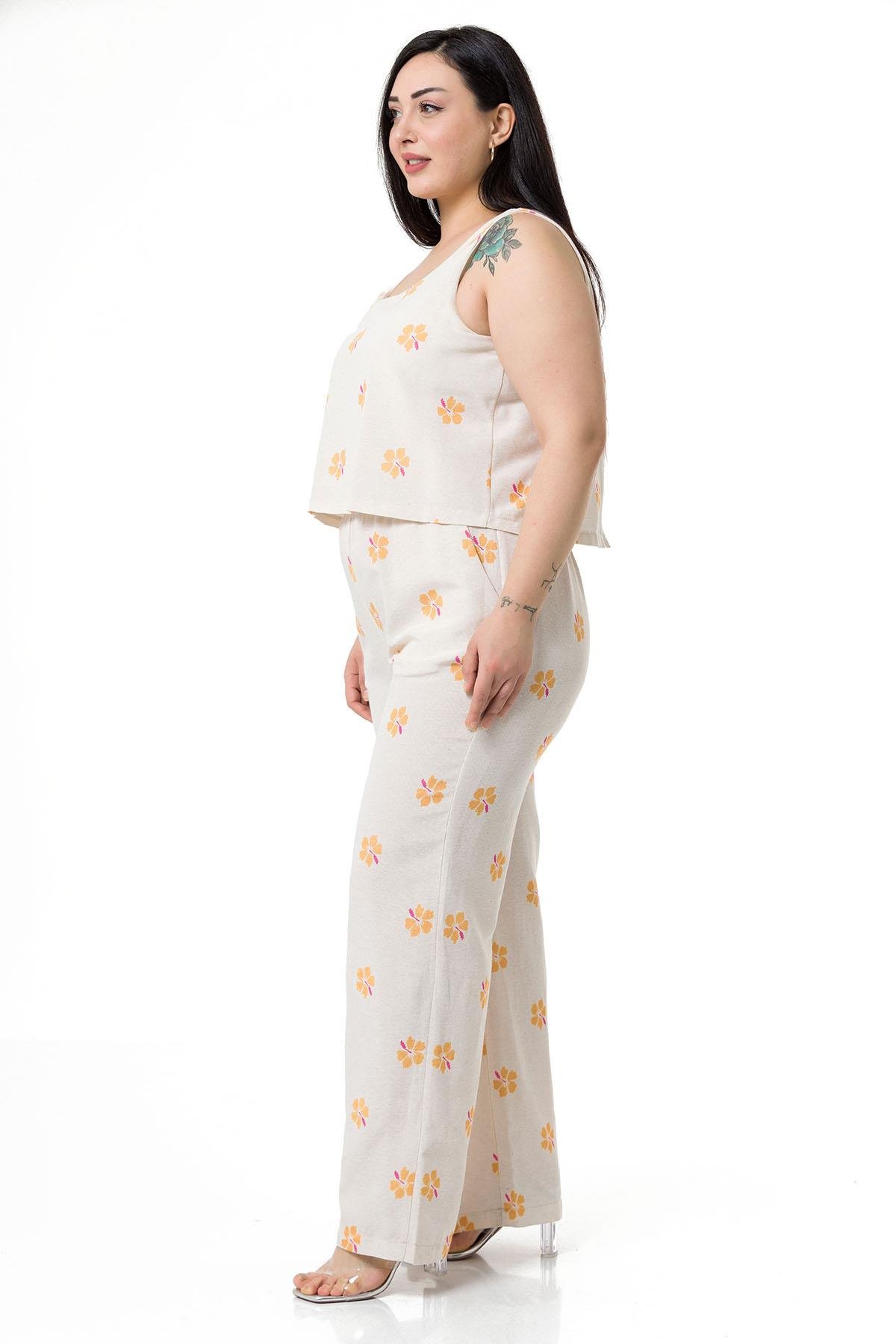 Plus Size Thick Strap Yellow Floral Jumpsuit
