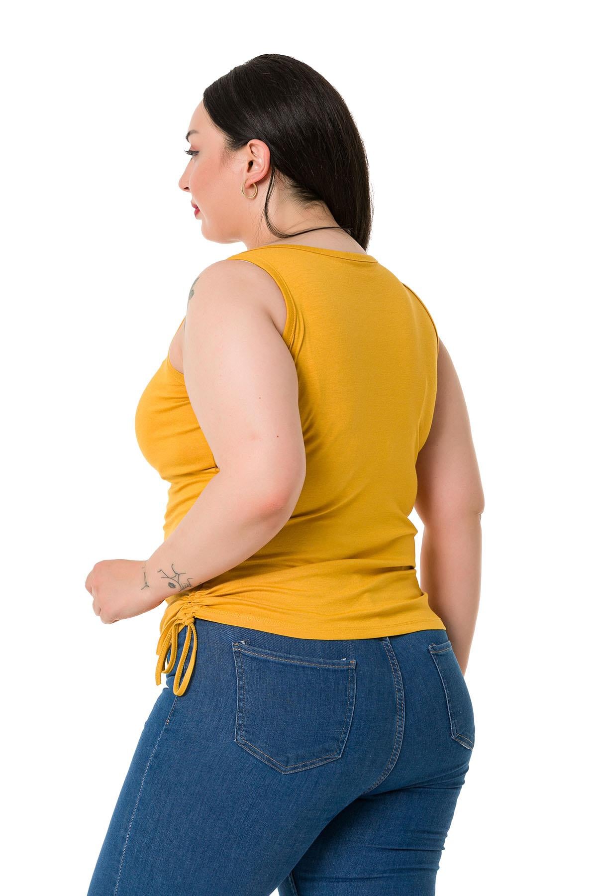 Büyük Beden Kalın Askılı Yanları Tünelli Viskon Hardal Body