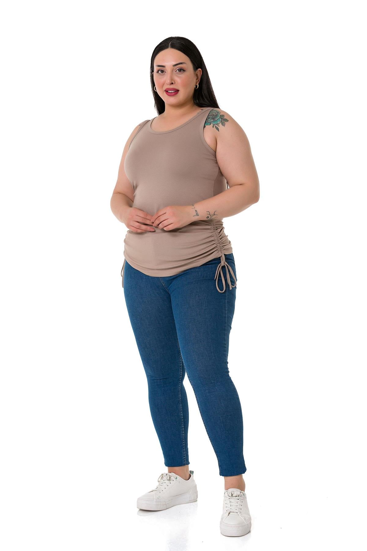 Büyük Beden Kalın Askılı Yanları Tünelli Viskon Vizon Body
