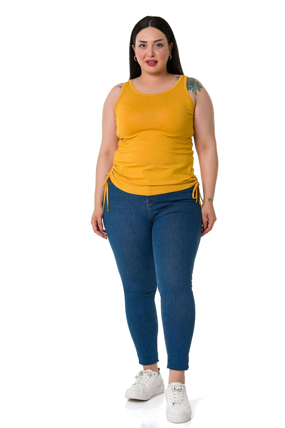Büyük Beden Kalın Askılı Yanları Tünelli Viskon Hardal Body