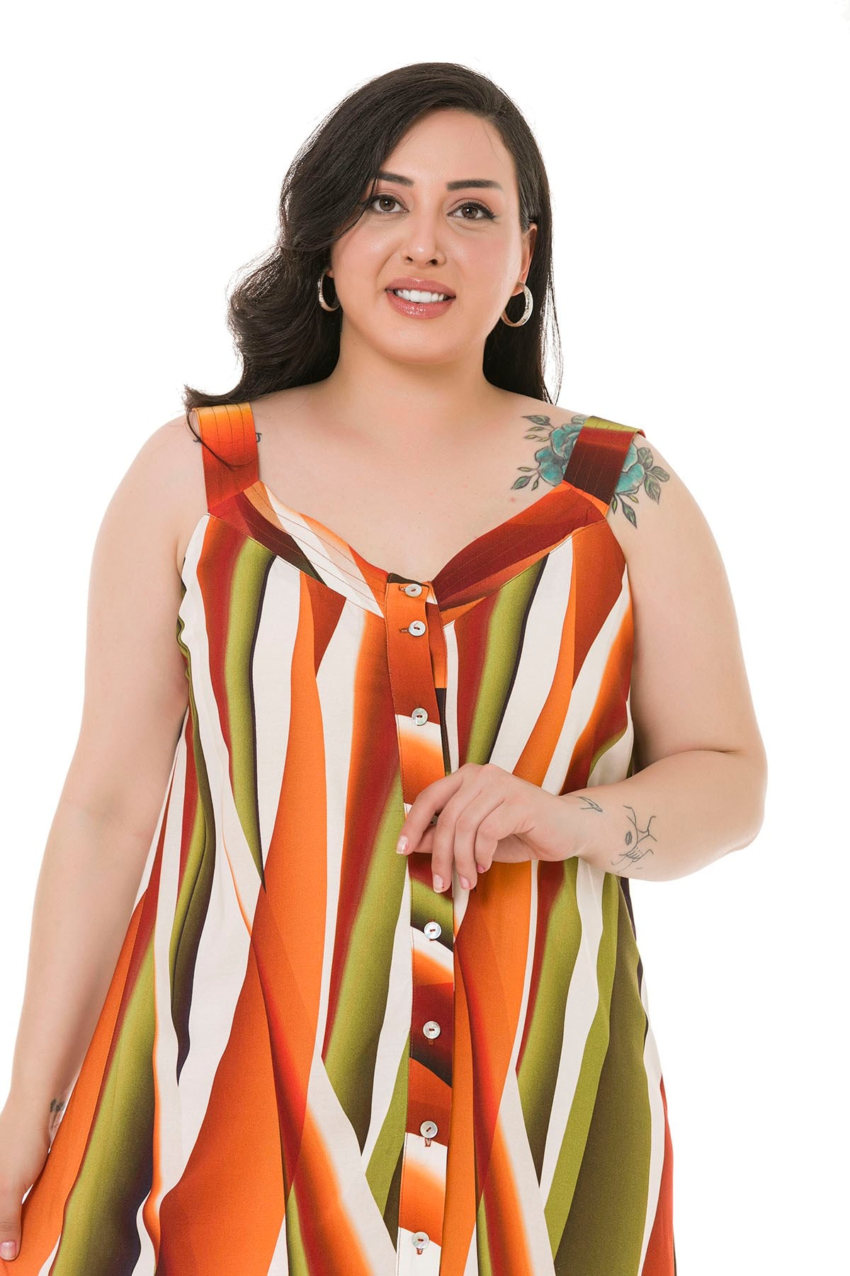 Plus Size Thick Band Strap Long Red Dress with Buttons on the Front