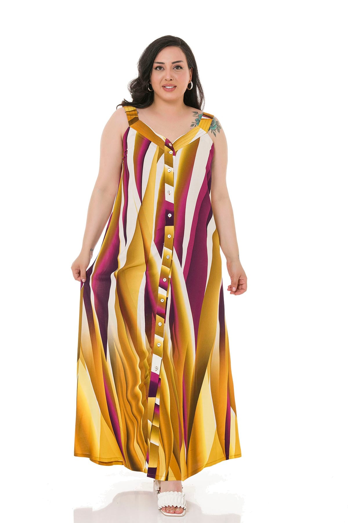 Plus Size Thick Band Strap Long Mustard Dress with Buttons on the Front