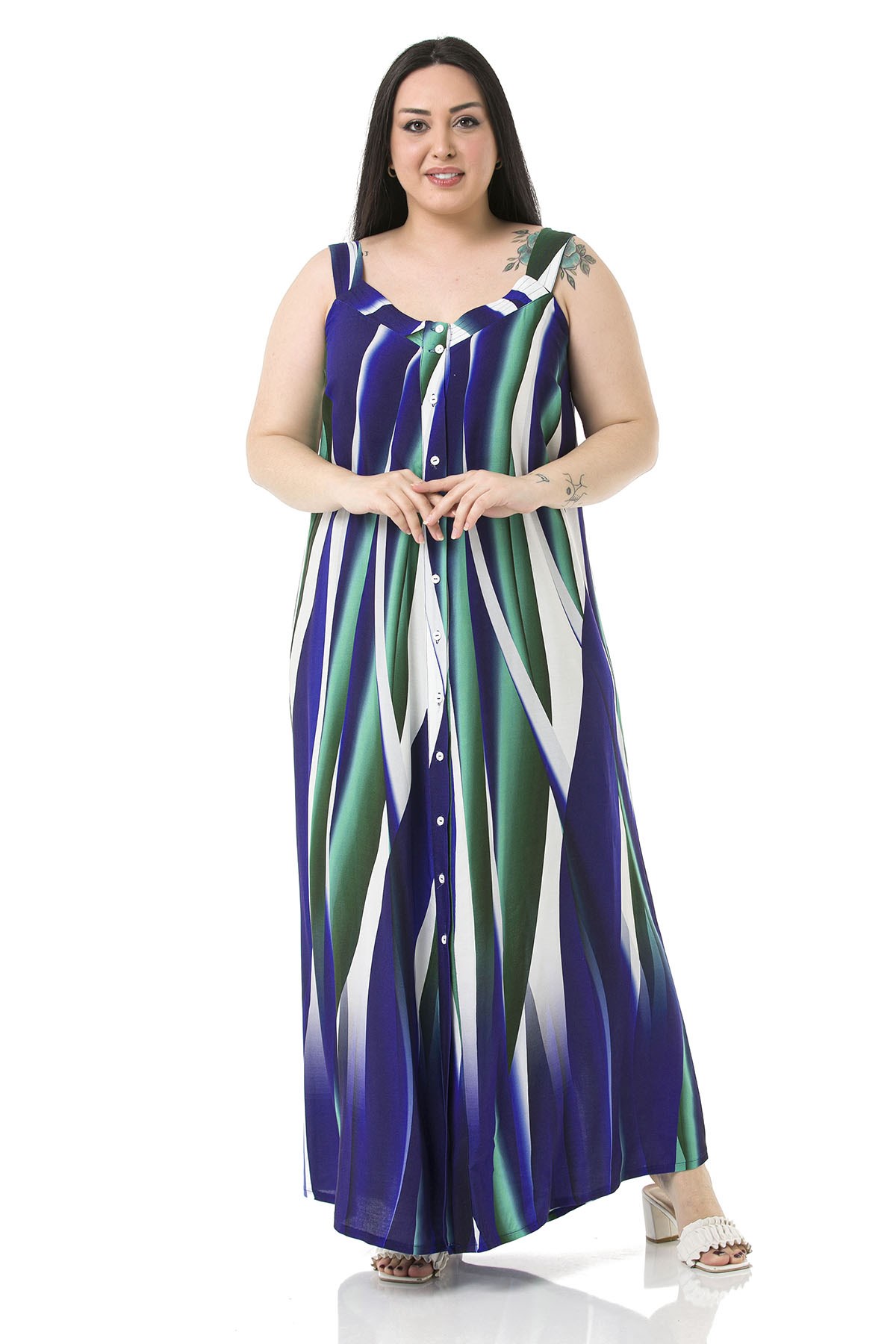 Plus Size Thick Band Strap Long Navy Blue Dress with Buttons on the Front