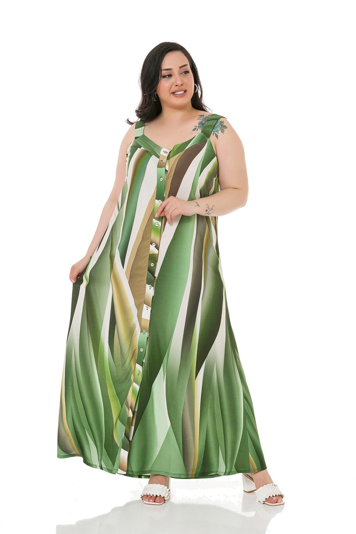 Plus Size Thick Band Strap Long Green Dress with Buttons on the Front