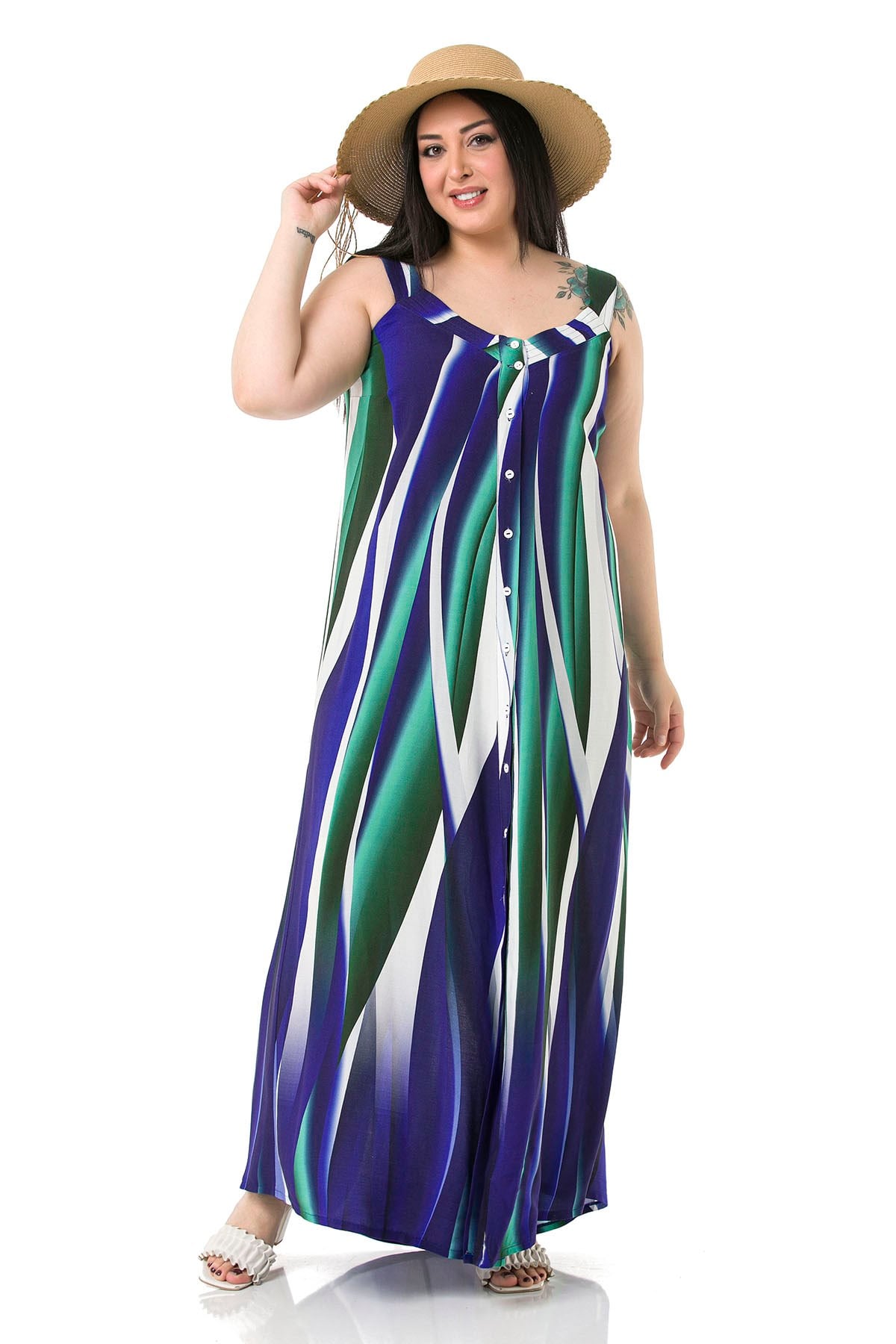 Plus Size Thick Band Strap Long Navy Blue Dress with Buttons on the Front