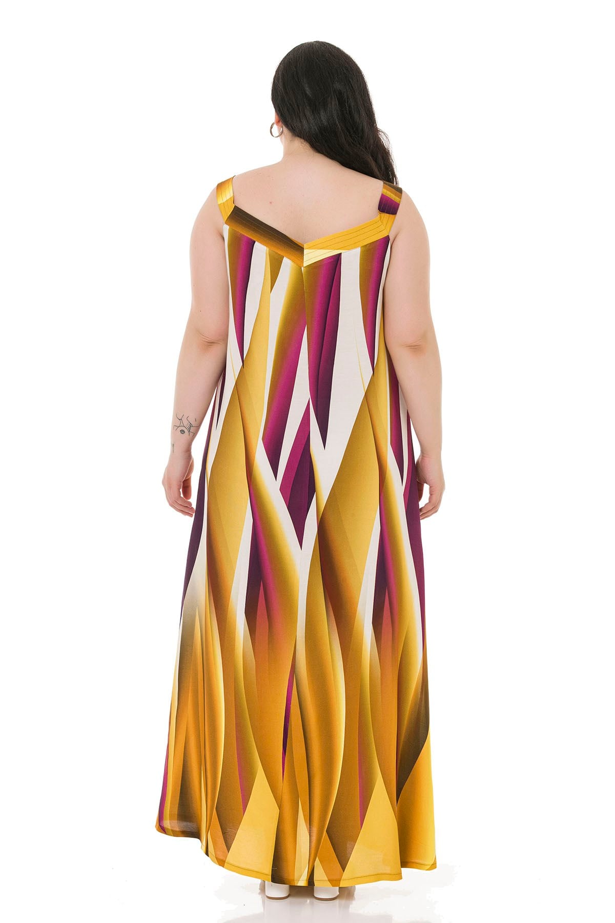 Plus Size Thick Band Strap Long Mustard Dress with Buttons on the Front
