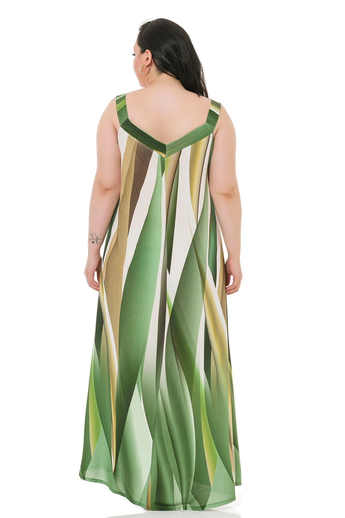Plus Size Thick Band Strap Long Green Dress with Buttons on the Front