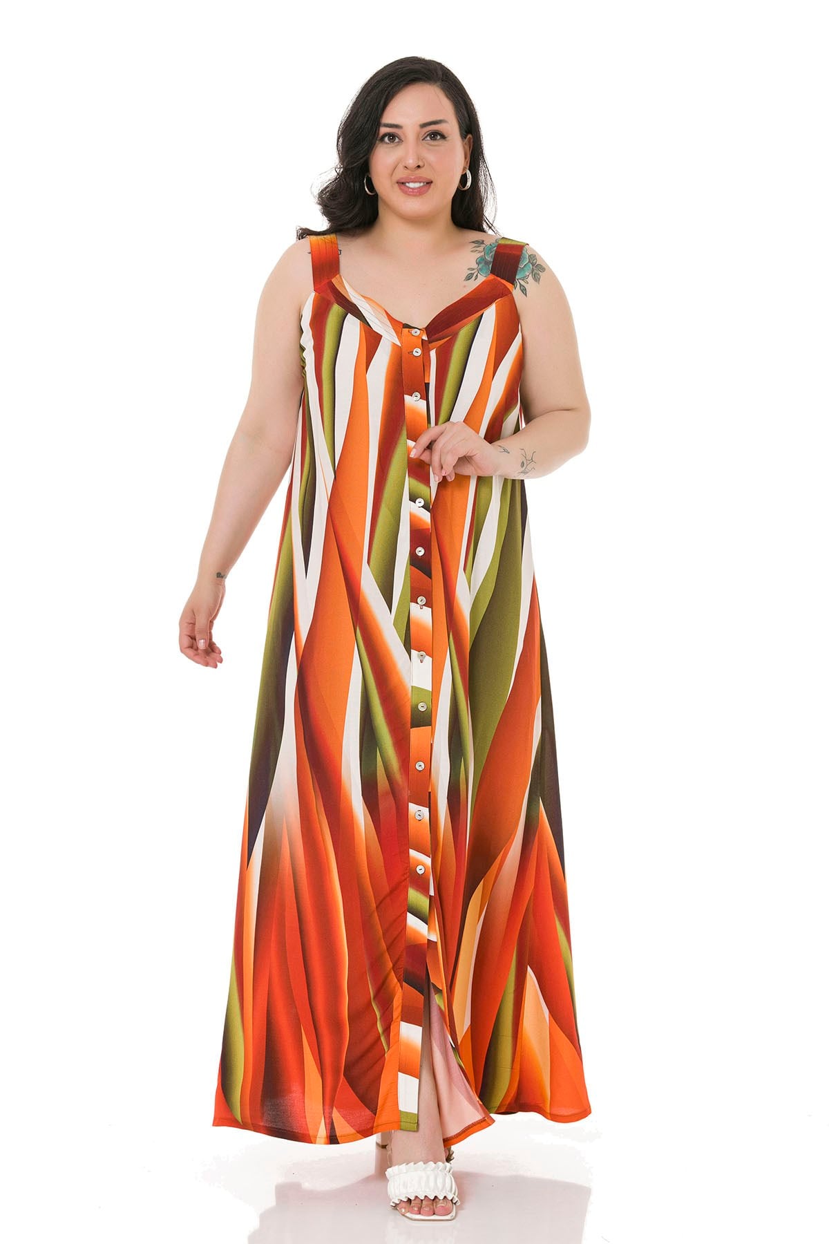 Plus Size Thick Band Strap Long Red Dress with Buttons on the Front