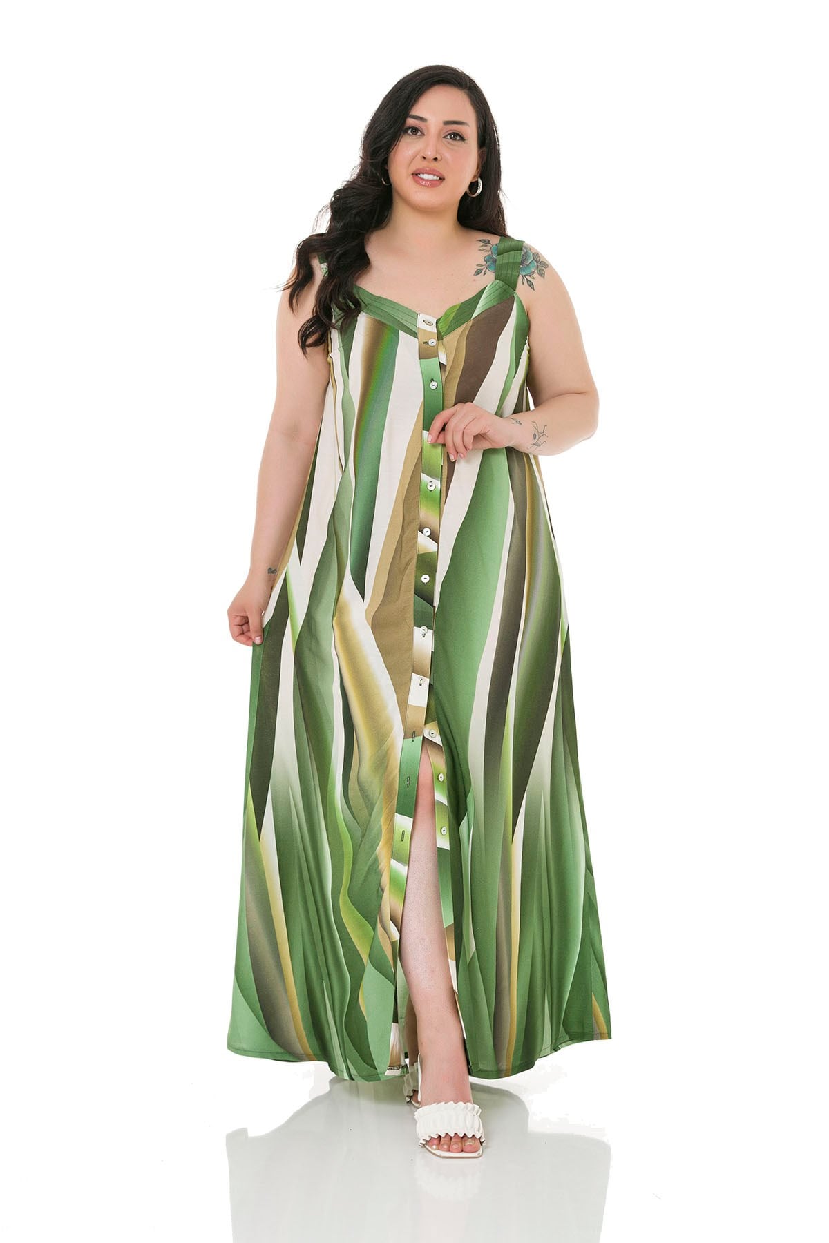 Plus Size Thick Band Strap Long Green Dress with Buttons on the Front