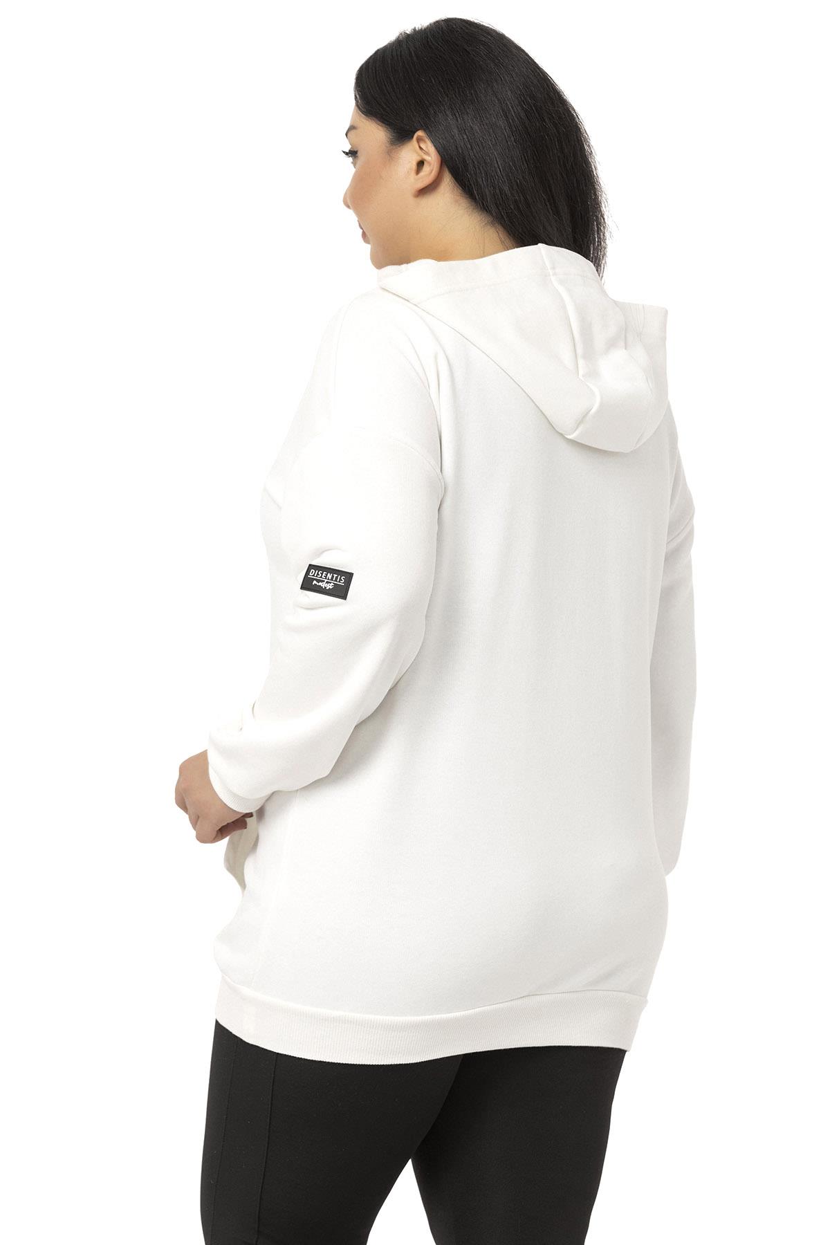 Büyük Beden Kanguru Cepli İki İplik Kapüşonlu Beyaz Sweatshirt