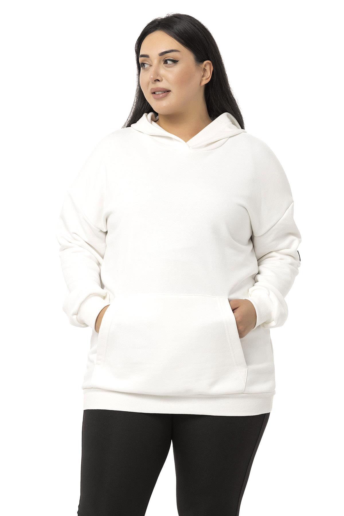 Büyük Beden Kanguru Cepli İki İplik Kapüşonlu Beyaz Sweatshirt