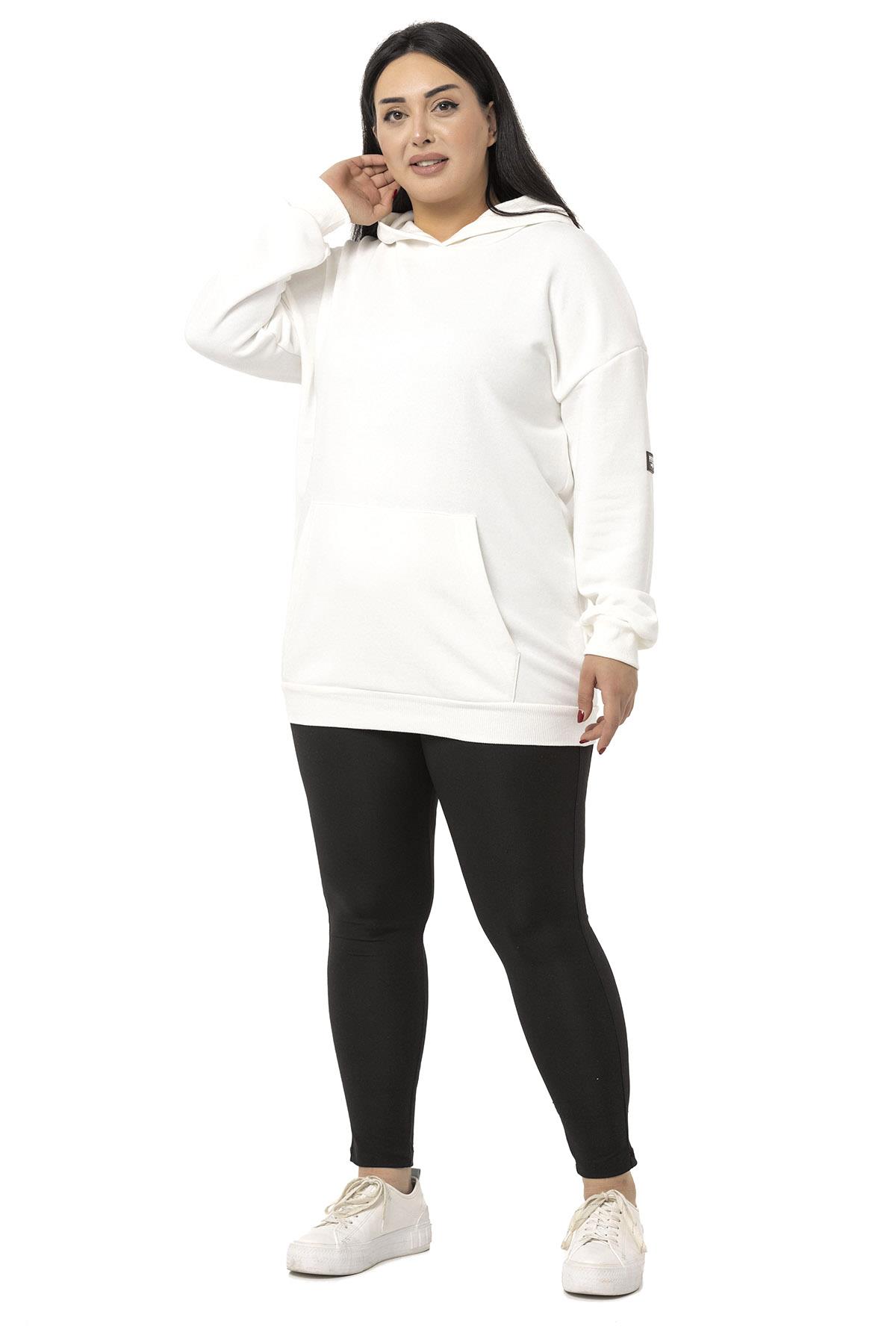 Büyük Beden Kanguru Cepli İki İplik Kapüşonlu Beyaz Sweatshirt