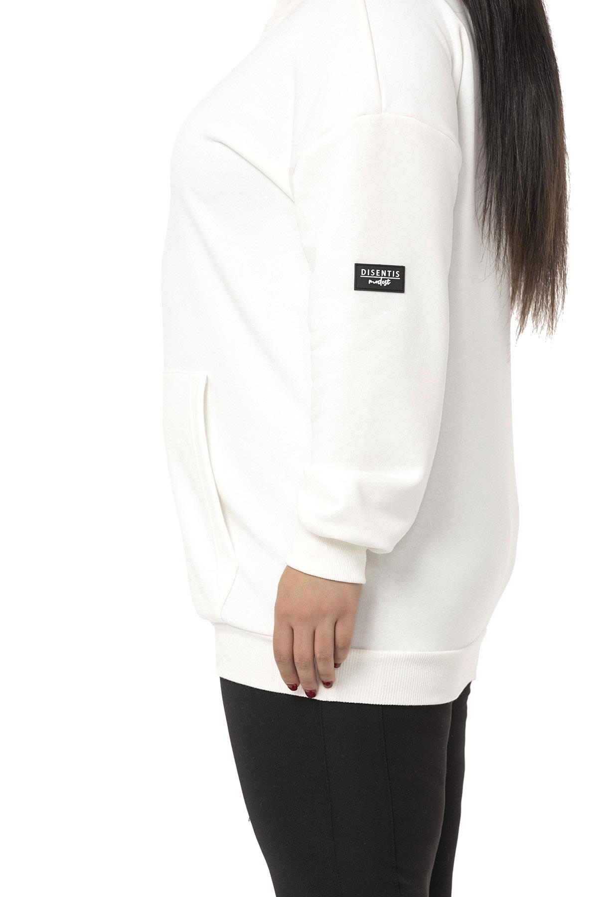 Büyük Beden Kanguru Cepli İki İplik Kapüşonlu Beyaz Sweatshirt