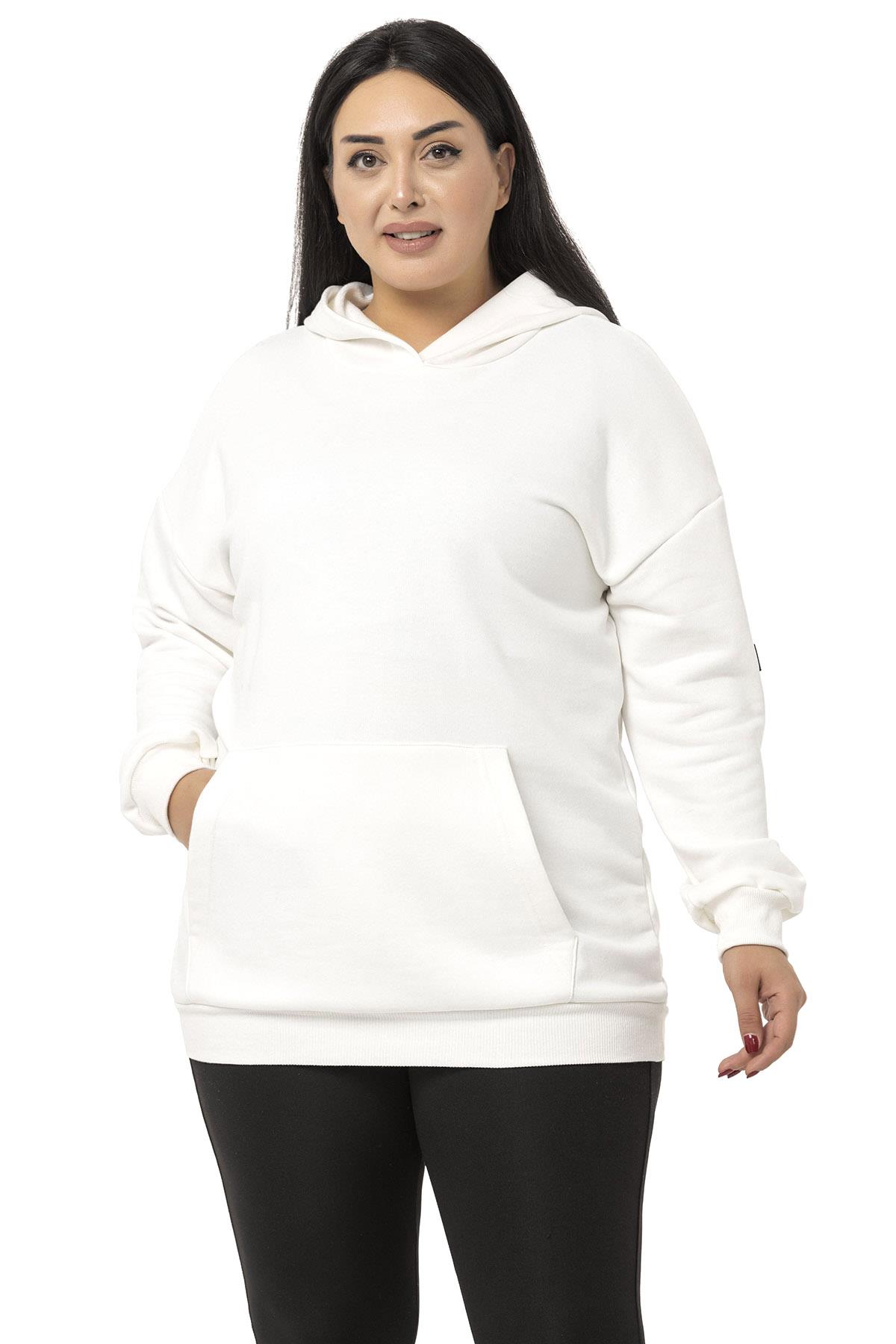 Büyük Beden Kanguru Cepli İki İplik Kapüşonlu Beyaz Sweatshirt