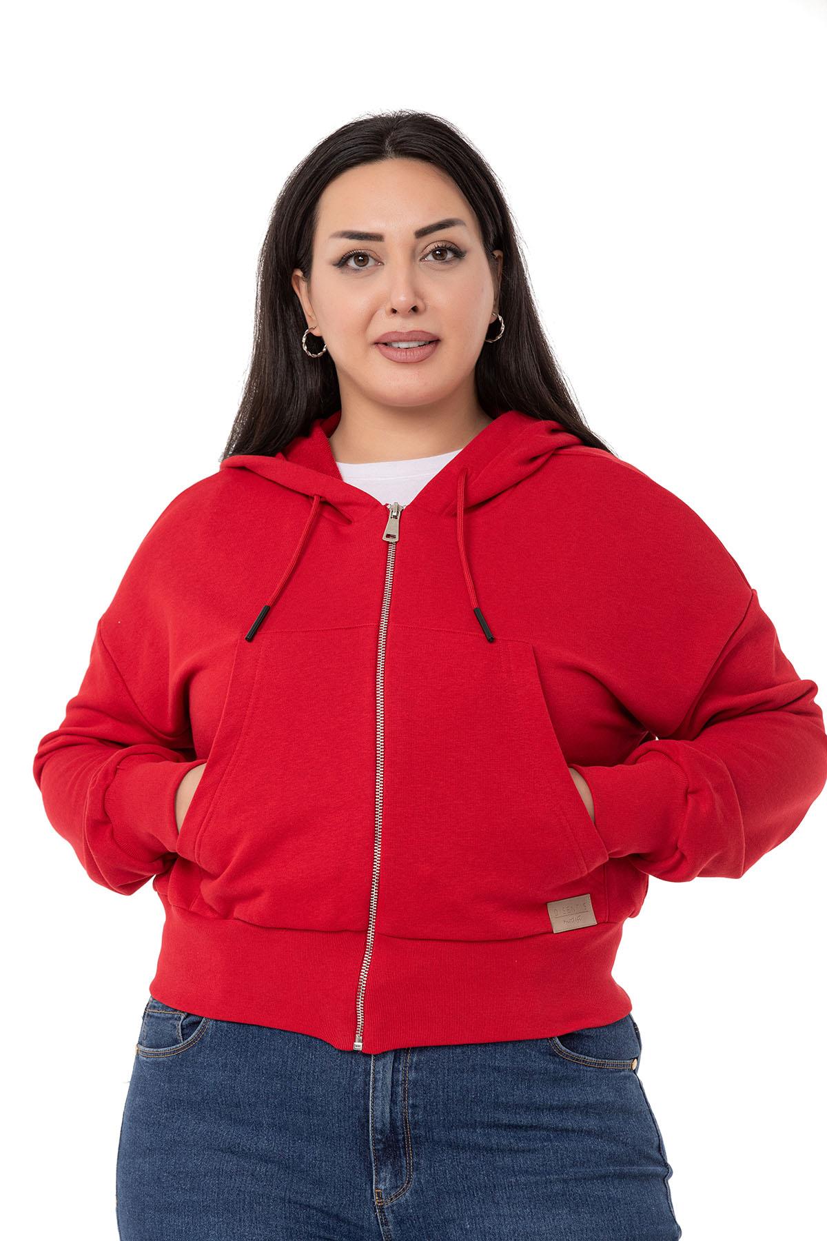 Büyük Beden Kanguru Cepli Kapüşonlu Üç İplik Kırmızı Sweatshirt