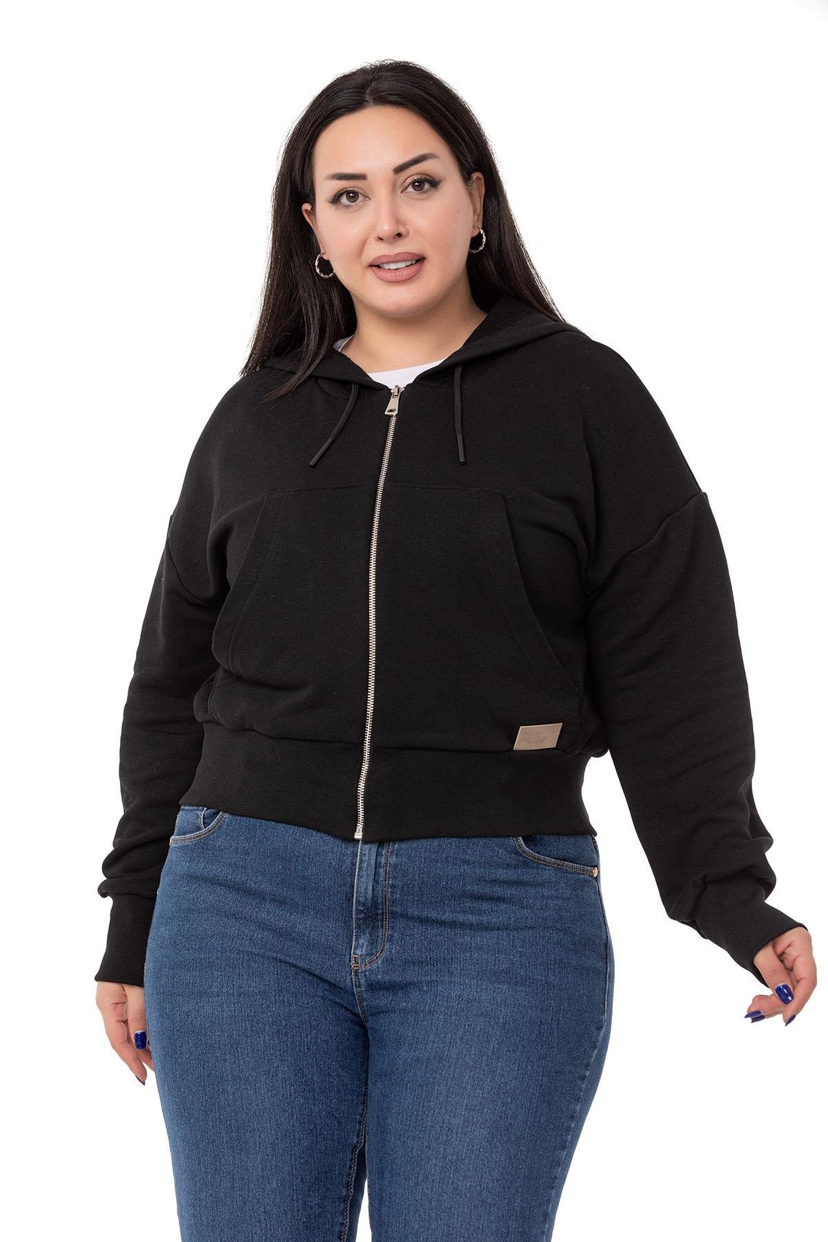 Büyük Beden Kanguru Cepli Kapüşonlu Üç İplik Siyah Sweatshirt