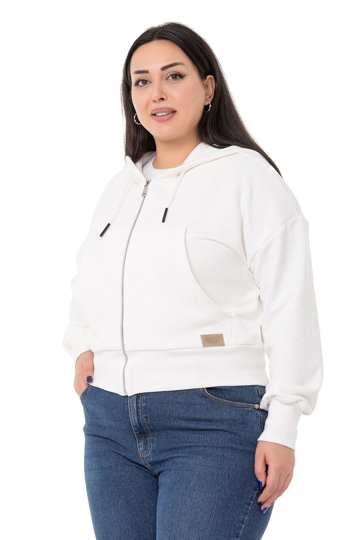 Büyük Beden Kanguru Cepli Kapüşonlu Üç İplik Beyaz Sweatshirt