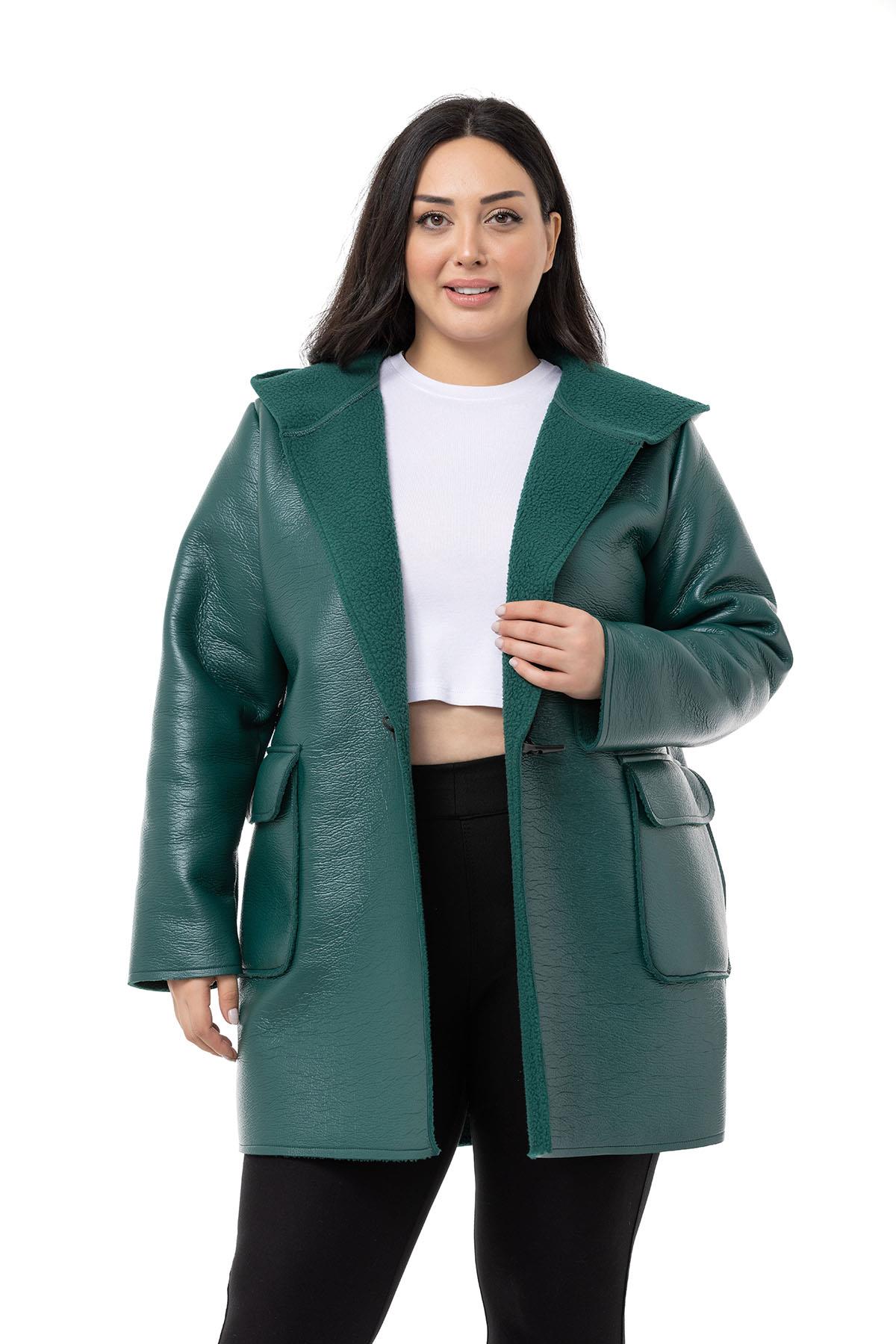 Plus Size Covered Pocket Hooded Shepherd Buttoned Emerald Leather Overcoat with Fur Inside