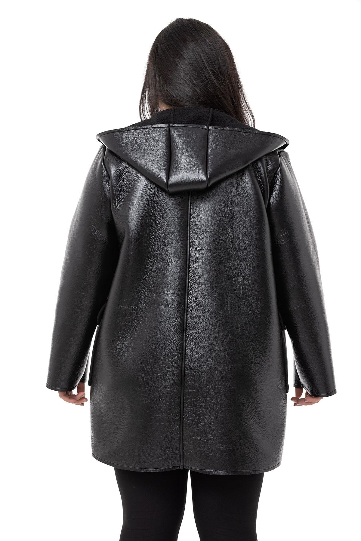 Plus Size Covered Pocket Hooded Shepherd Buttoned Black Leather Overcoat with Fur Inside