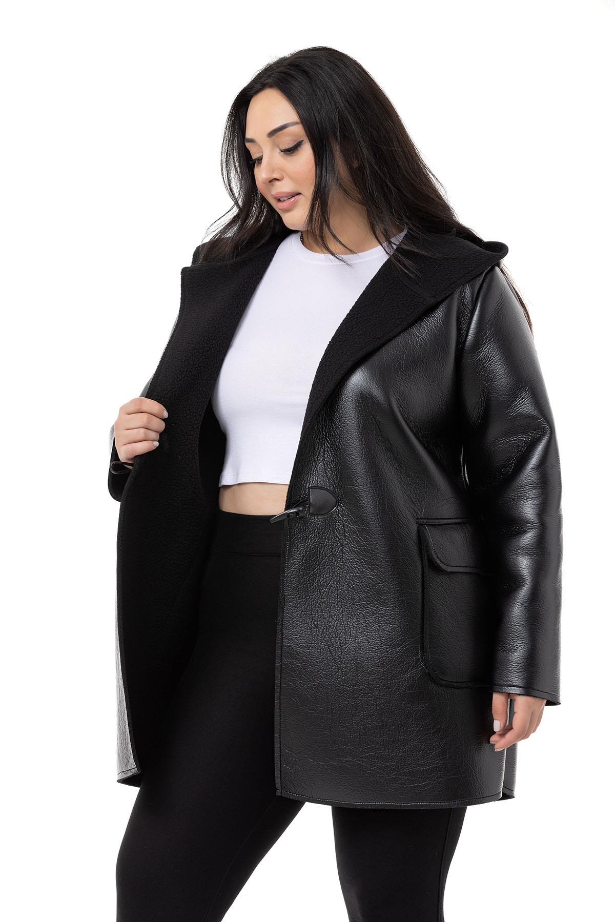 Plus Size Covered Pocket Hooded Shepherd Buttoned Black Leather Overcoat with Fur Inside