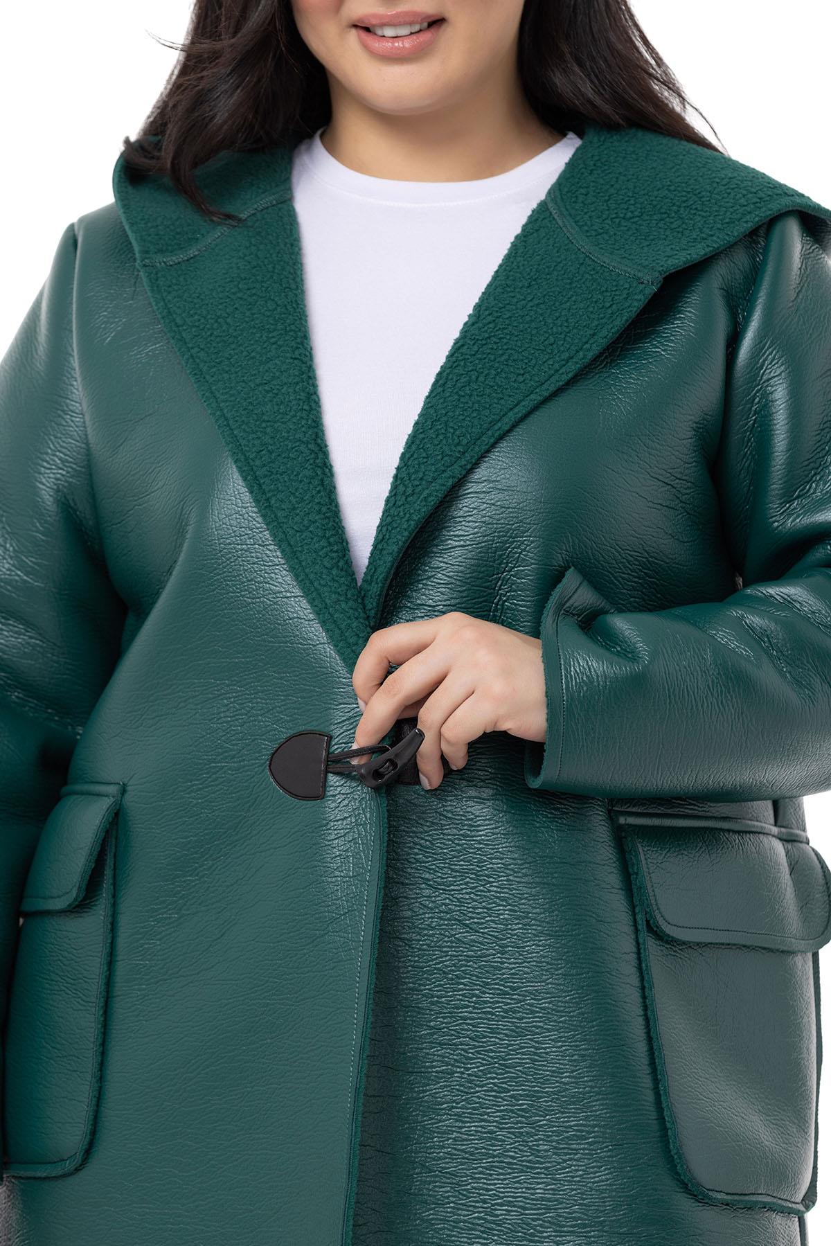 Plus Size Covered Pocket Hooded Shepherd Buttoned Emerald Leather Overcoat with Fur Inside