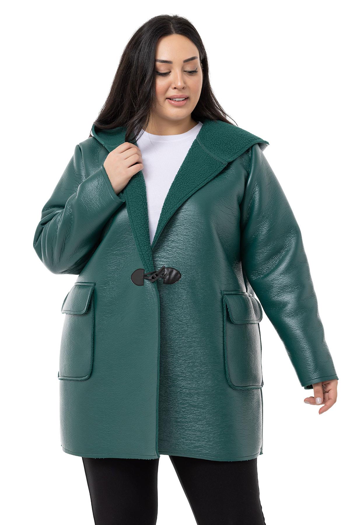 Plus Size Covered Pocket Hooded Shepherd Buttoned Emerald Leather Overcoat with Fur Inside