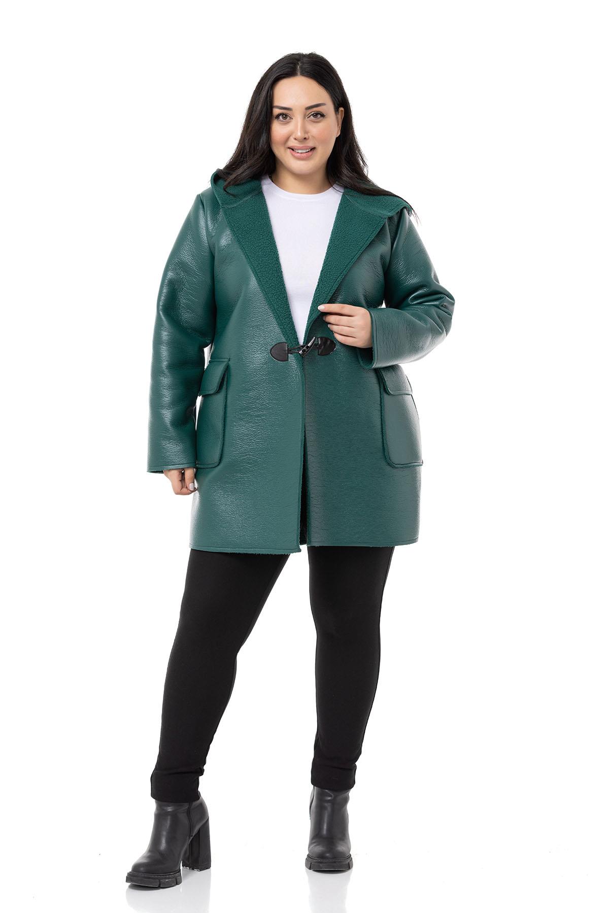 Plus Size Covered Pocket Hooded Shepherd Buttoned Emerald Leather Overcoat with Fur Inside