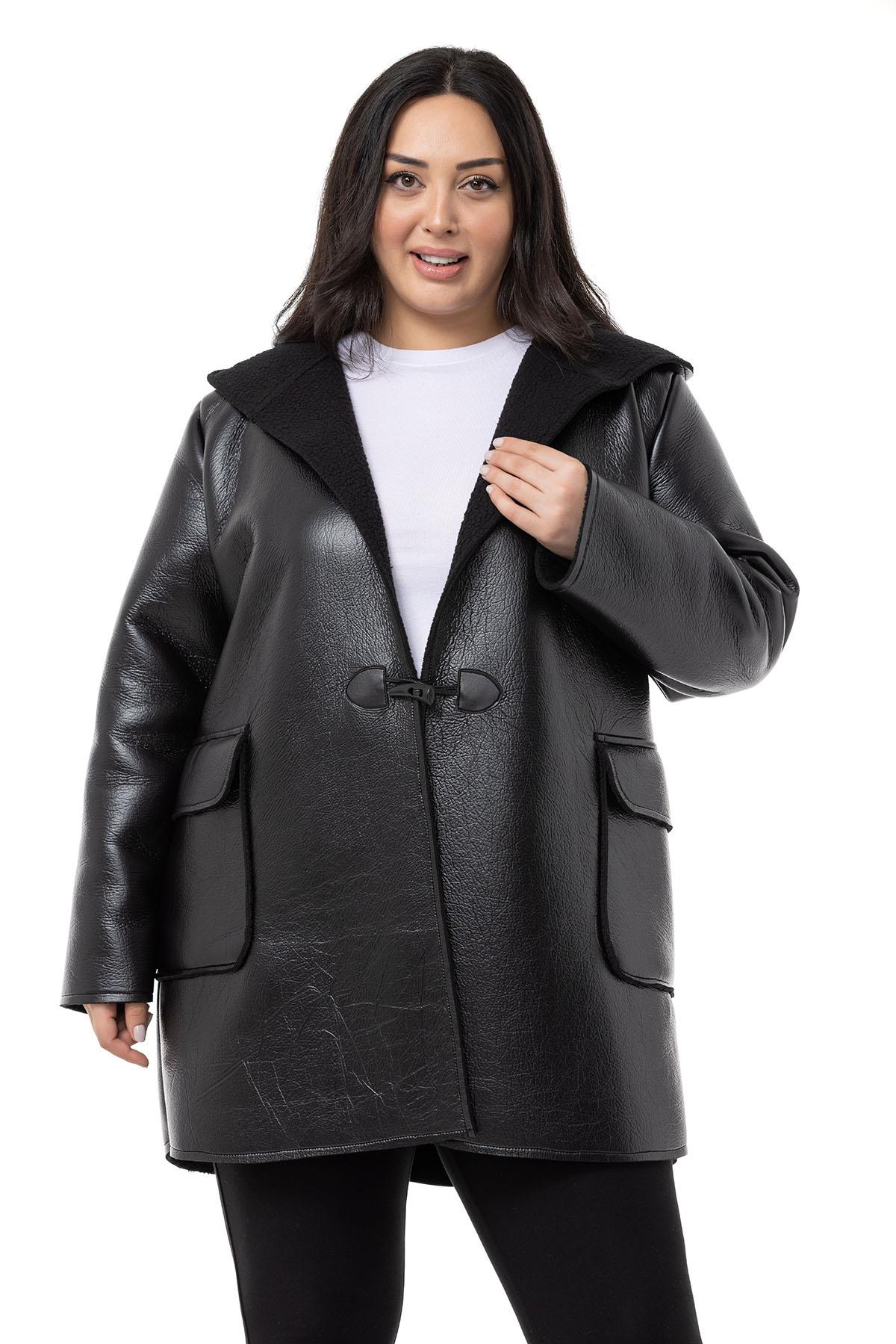 Plus Size Covered Pocket Hooded Shepherd Buttoned Black Leather Overcoat with Fur Inside