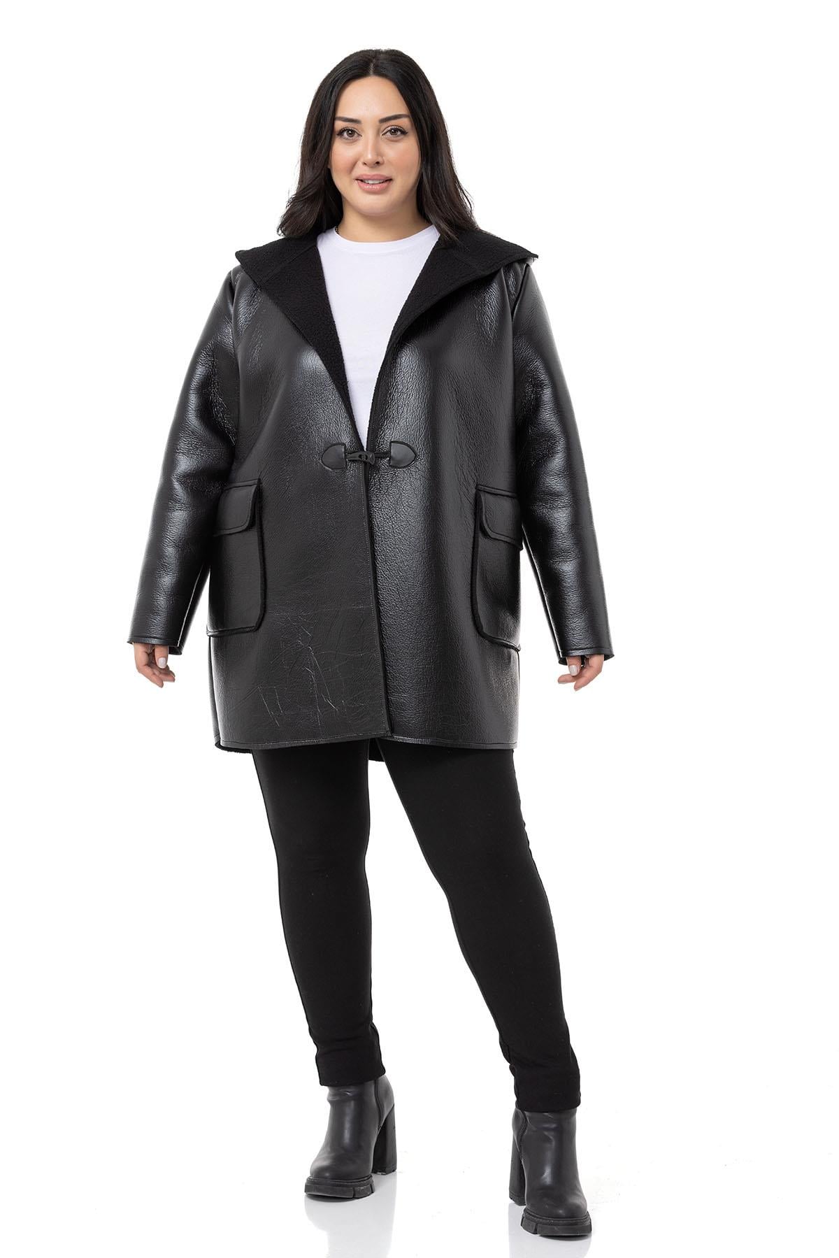Plus Size Covered Pocket Hooded Shepherd Buttoned Black Leather Overcoat with Fur Inside