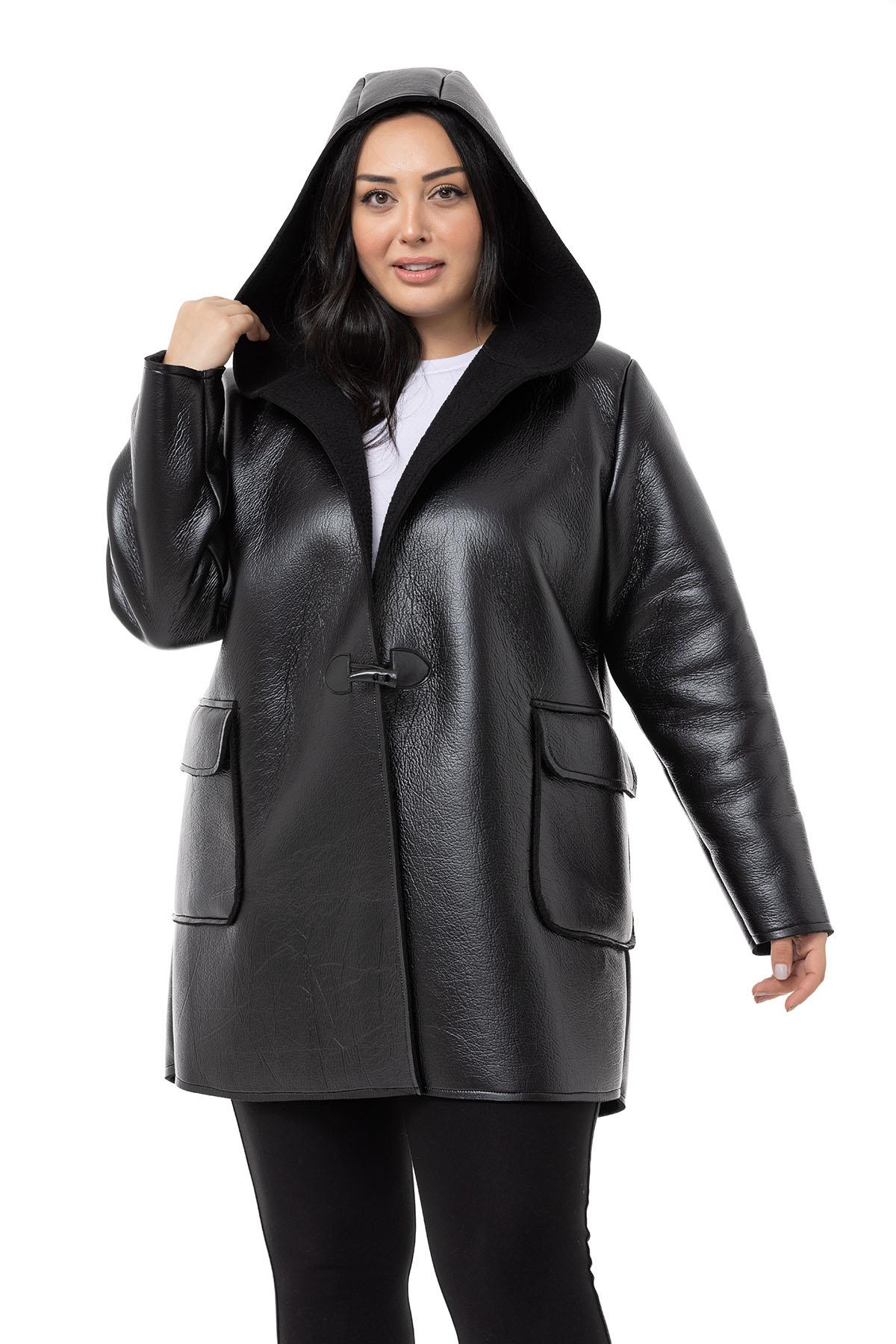 Plus Size Covered Pocket Hooded Shepherd Buttoned Black Leather Overcoat with Fur Inside