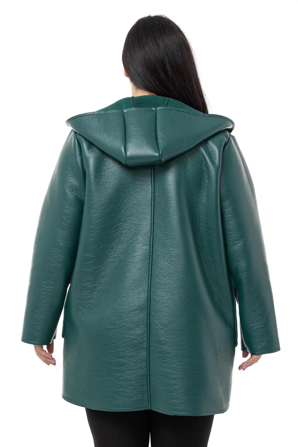 Plus Size Covered Pocket Hooded Shepherd Buttoned Emerald Leather Overcoat with Fur Inside