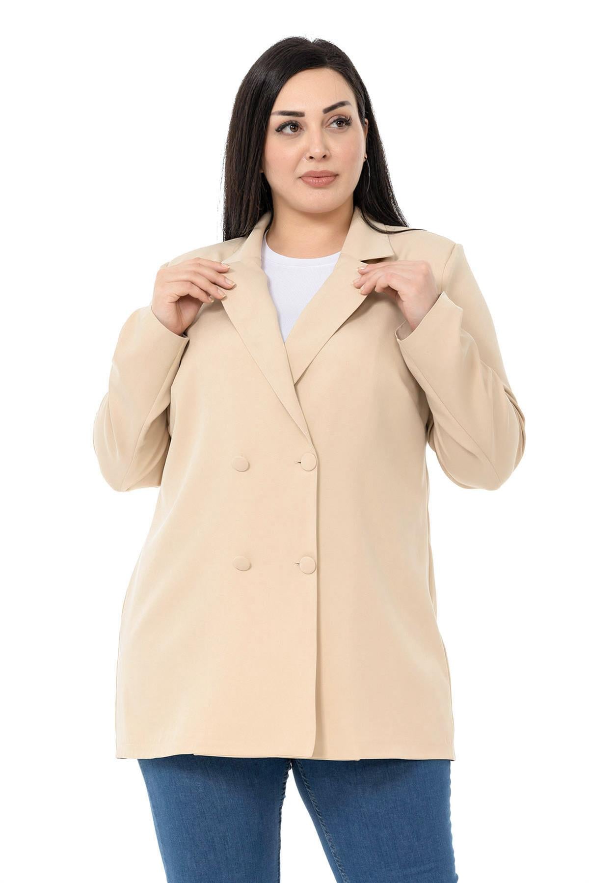 Plus Size Plated Buttoned Double Breasted Beige Unlined Jacket