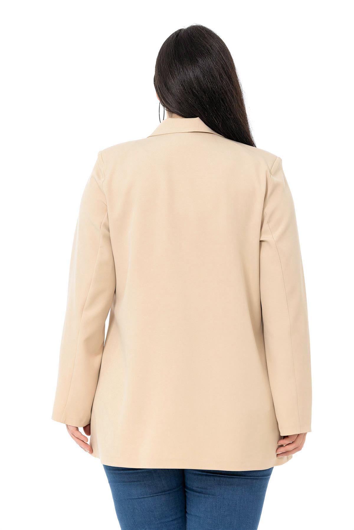 Plus Size Plated Buttoned Double Breasted Beige Unlined Jacket