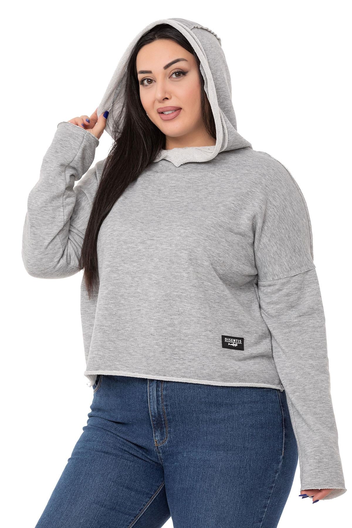 Plus Size Hooded Low Sleeve Dirty Stitched Three Thread Gray Melange Sweatshirt