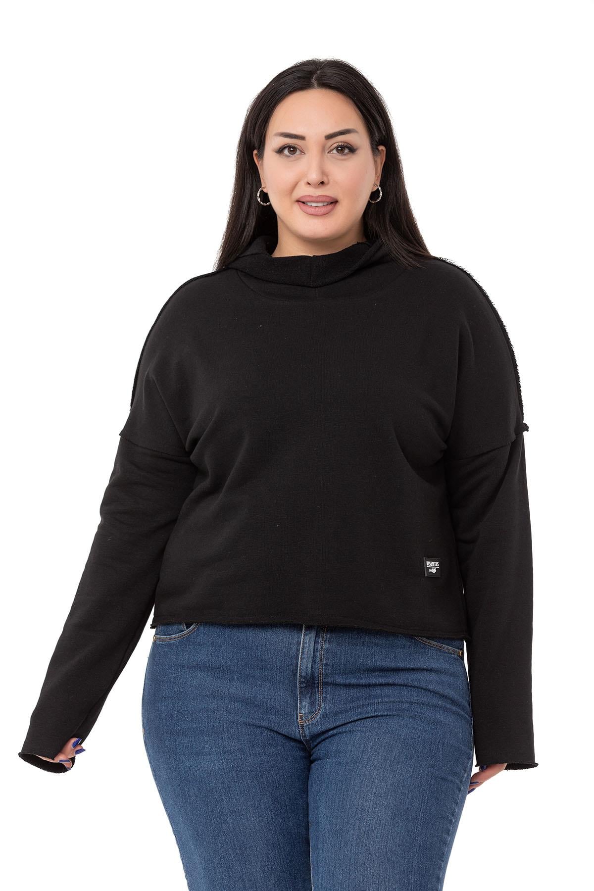 Büyük Beden Kapüşonlu Düşük Kollu Pis Dikişli Üç İplik Siyah Sweatshirt 
