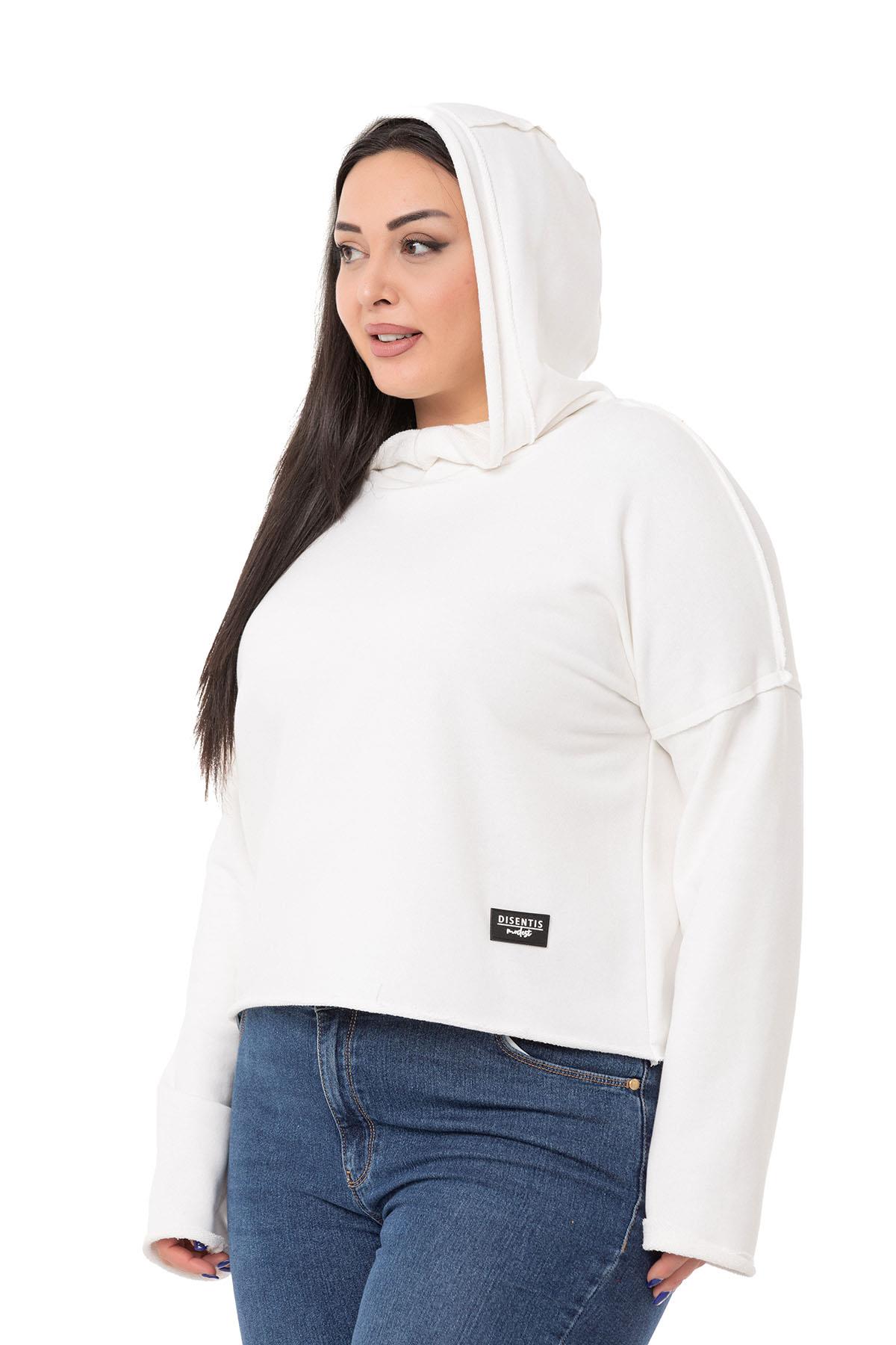 Büyük Beden Kapüşonlu Düşük Kollu Pis Dikişli Üç İplik Beyaz Sweatshirt 