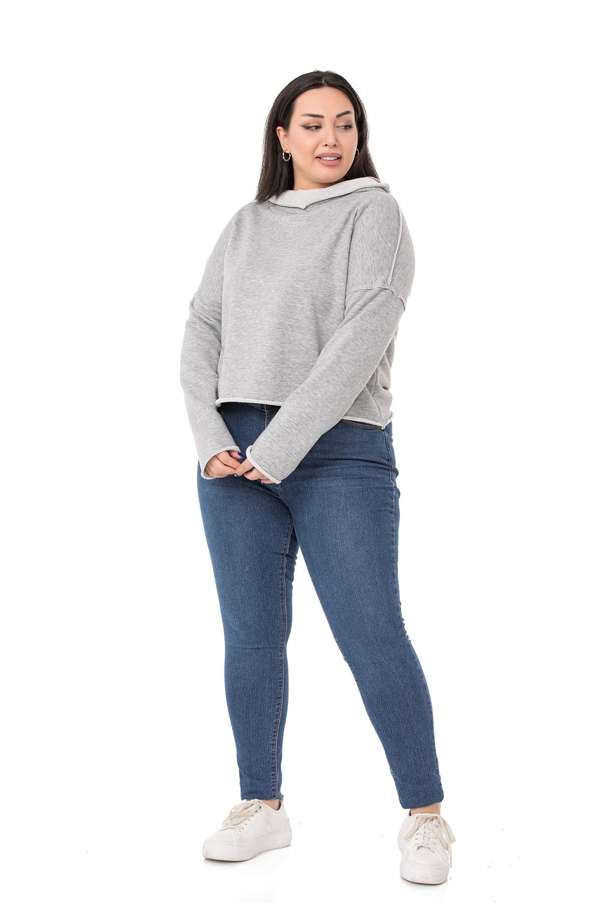 Plus Size Hooded Low Sleeve Dirty Stitched Three Thread Gray Melange Sweatshirt