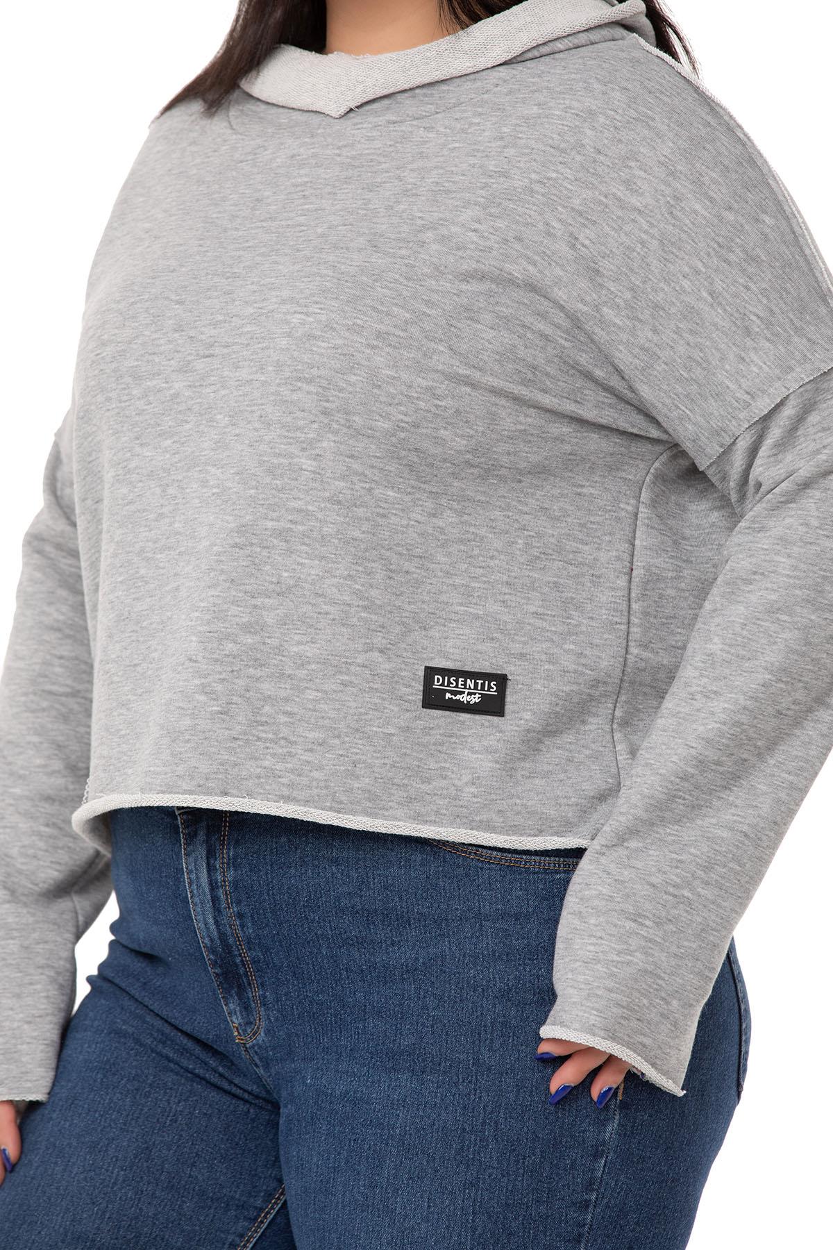 Plus Size Hooded Low Sleeve Dirty Stitched Three Thread Gray Melange Sweatshirt