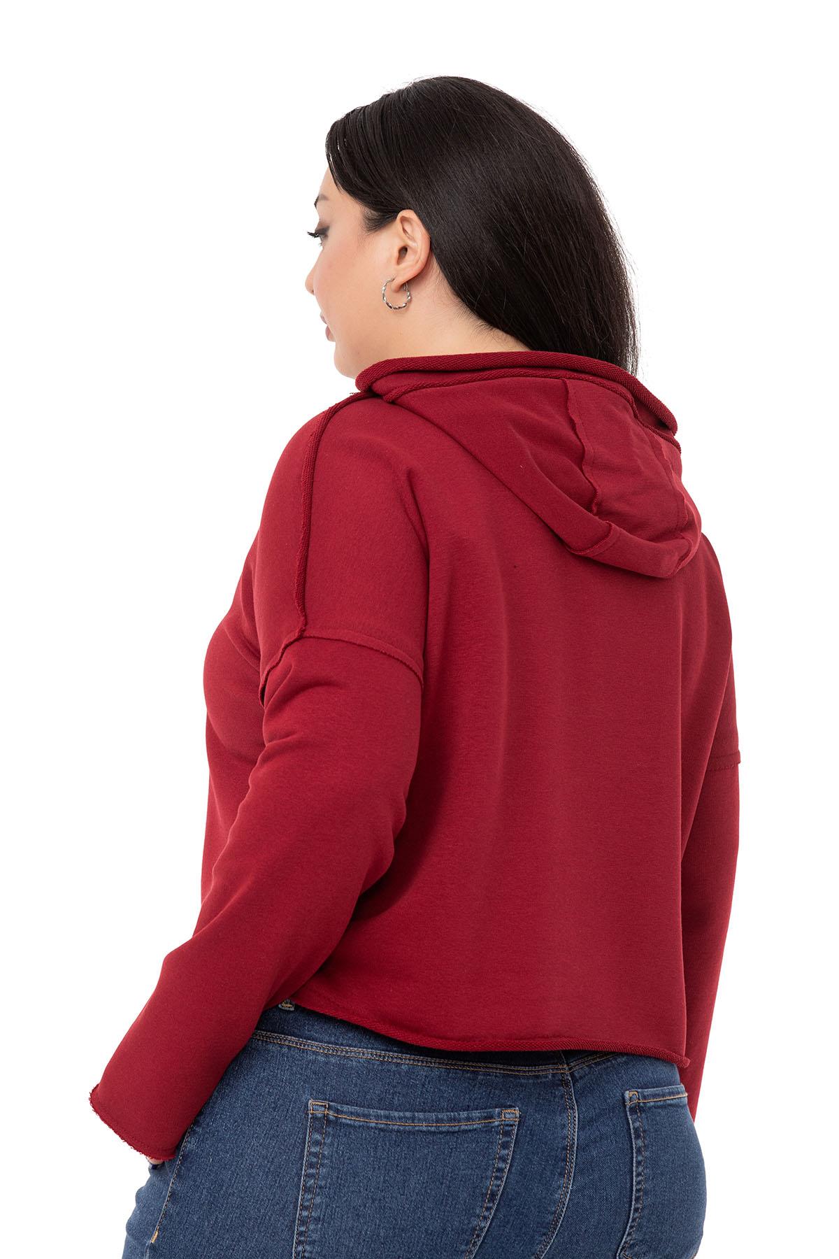 Büyük Beden Kapüşonlu Düşük Kollu Pis Dikişli Üç İplik Bordo Sweatshirt 