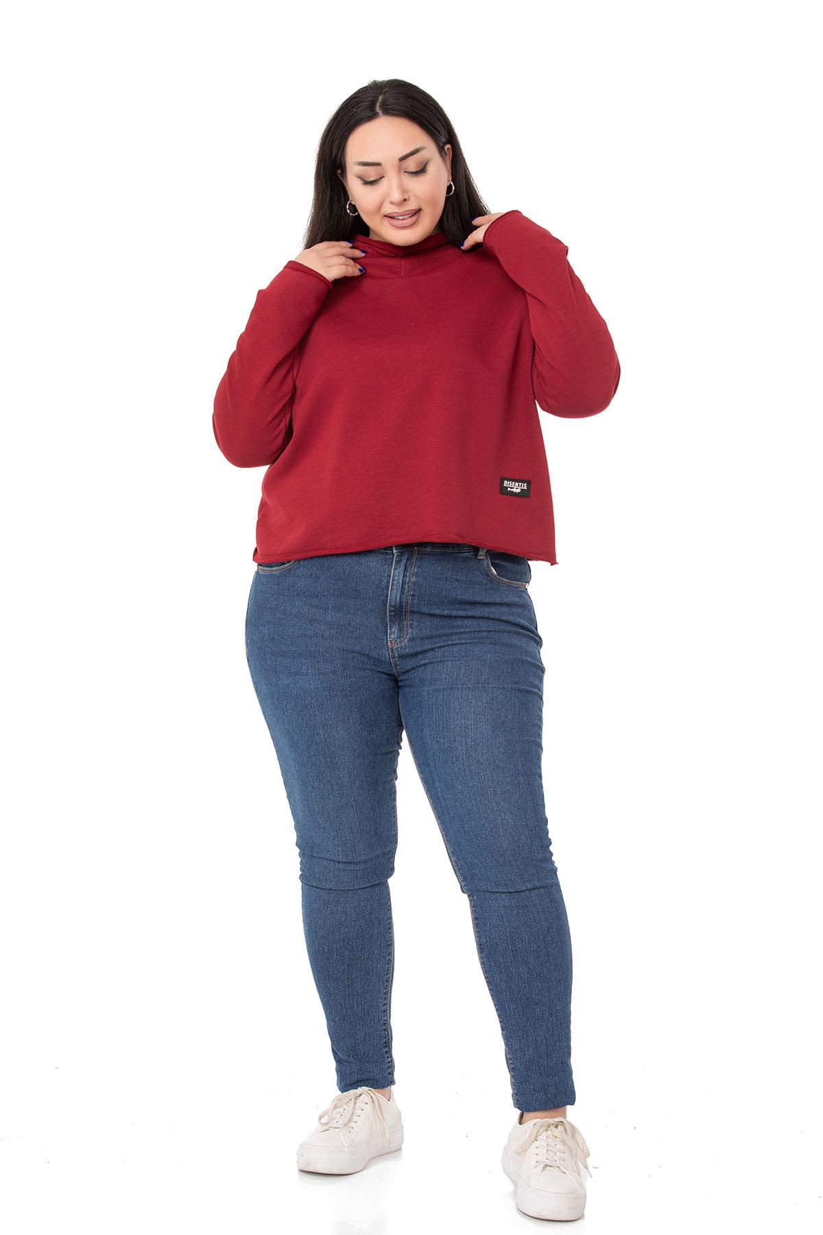 Büyük Beden Kapüşonlu Düşük Kollu Pis Dikişli Üç İplik Bordo Sweatshirt 