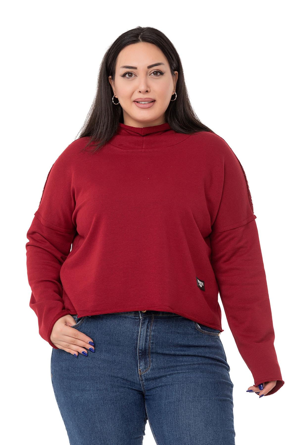 Büyük Beden Kapüşonlu Düşük Kollu Pis Dikişli Üç İplik Bordo Sweatshirt 