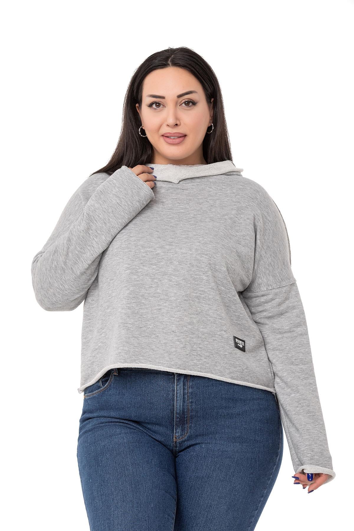 Plus Size Hooded Low Sleeve Dirty Stitched Three Thread Gray Melange Sweatshirt