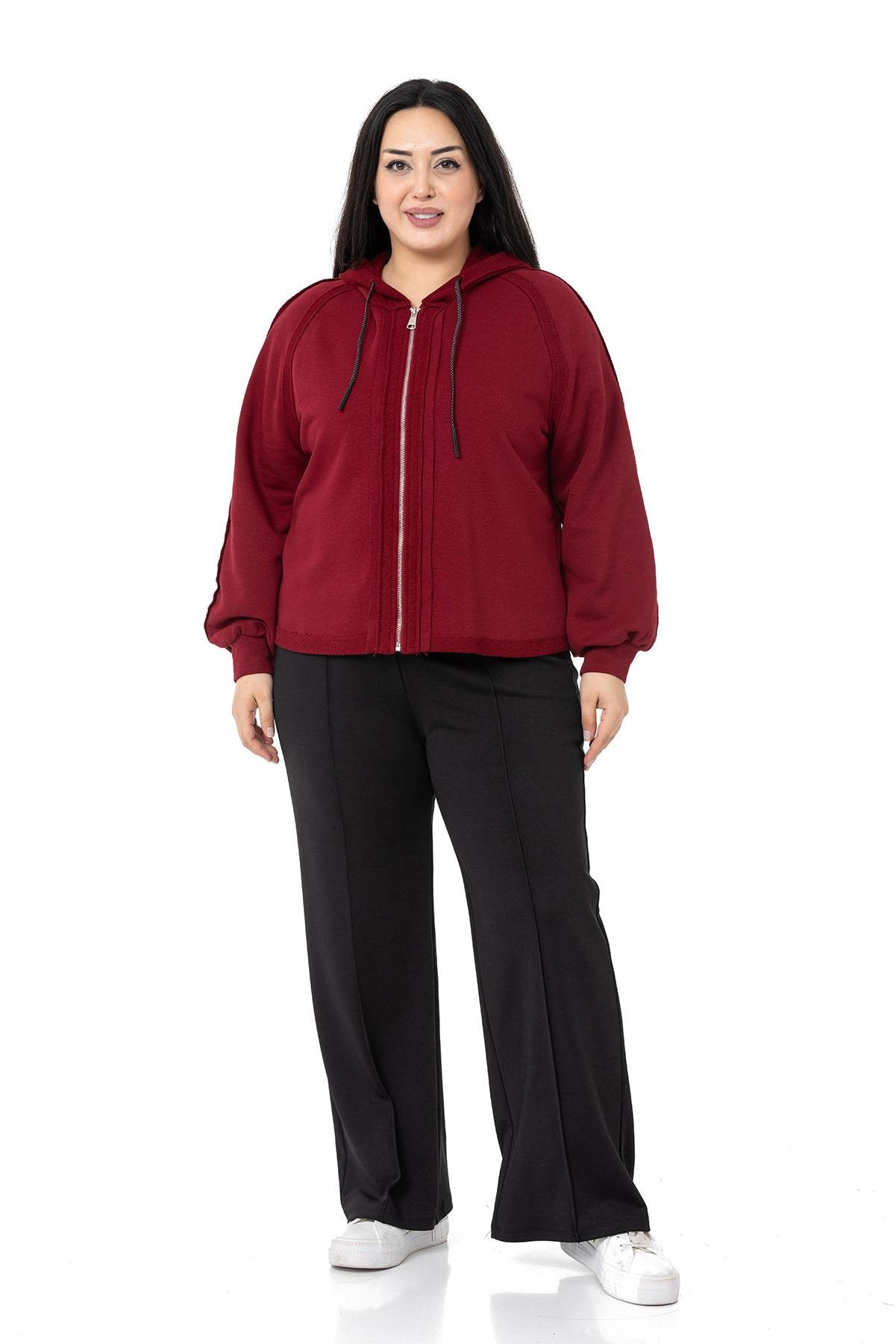 Büyük Beden Kapüşonlu Fermuarlı Üç İplik Bordo Sweatshirt